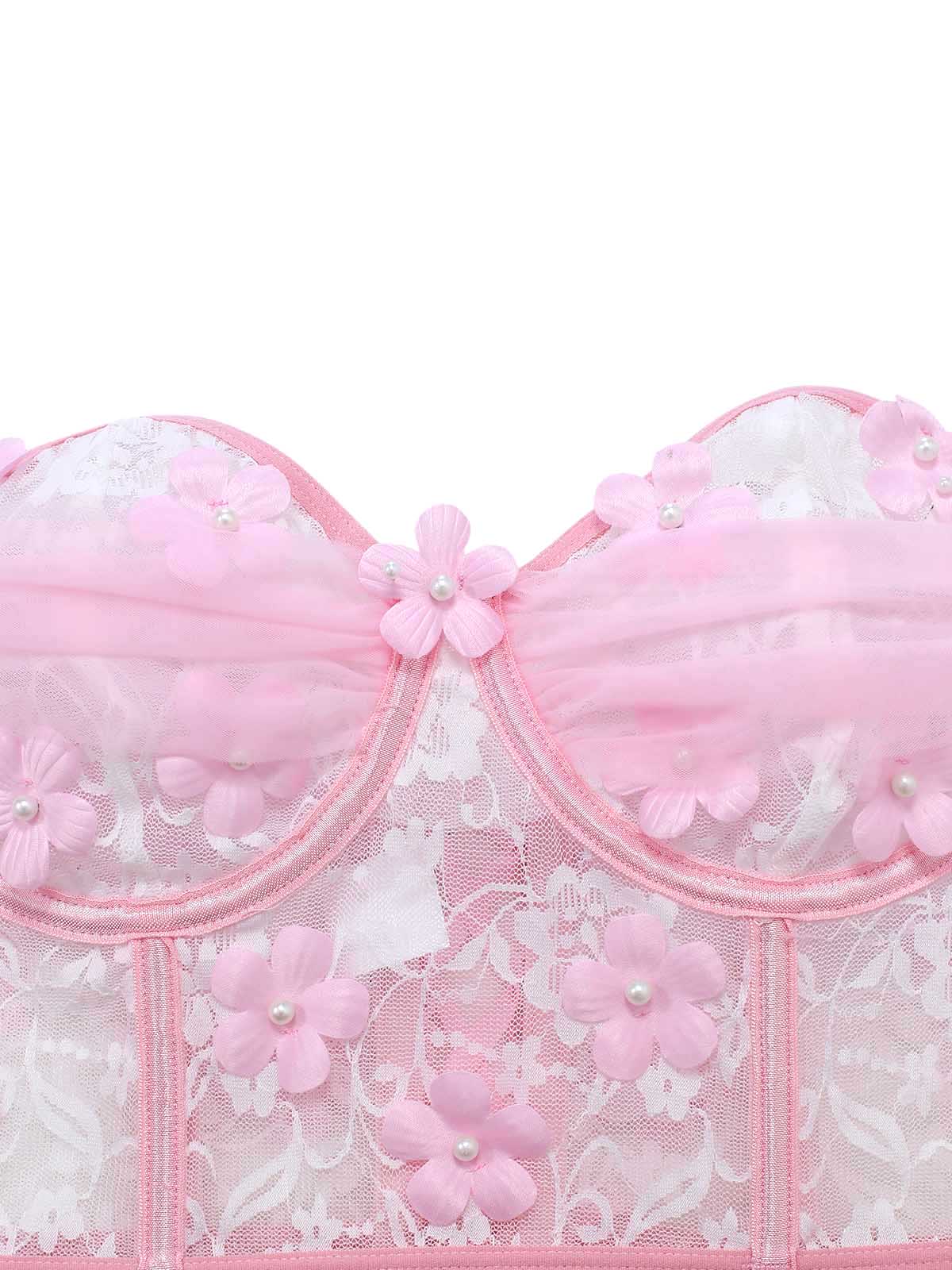 Ensemble de pyjama rose dentelle transparente épaules dénudées et fleurs relief années 60 - Image 4