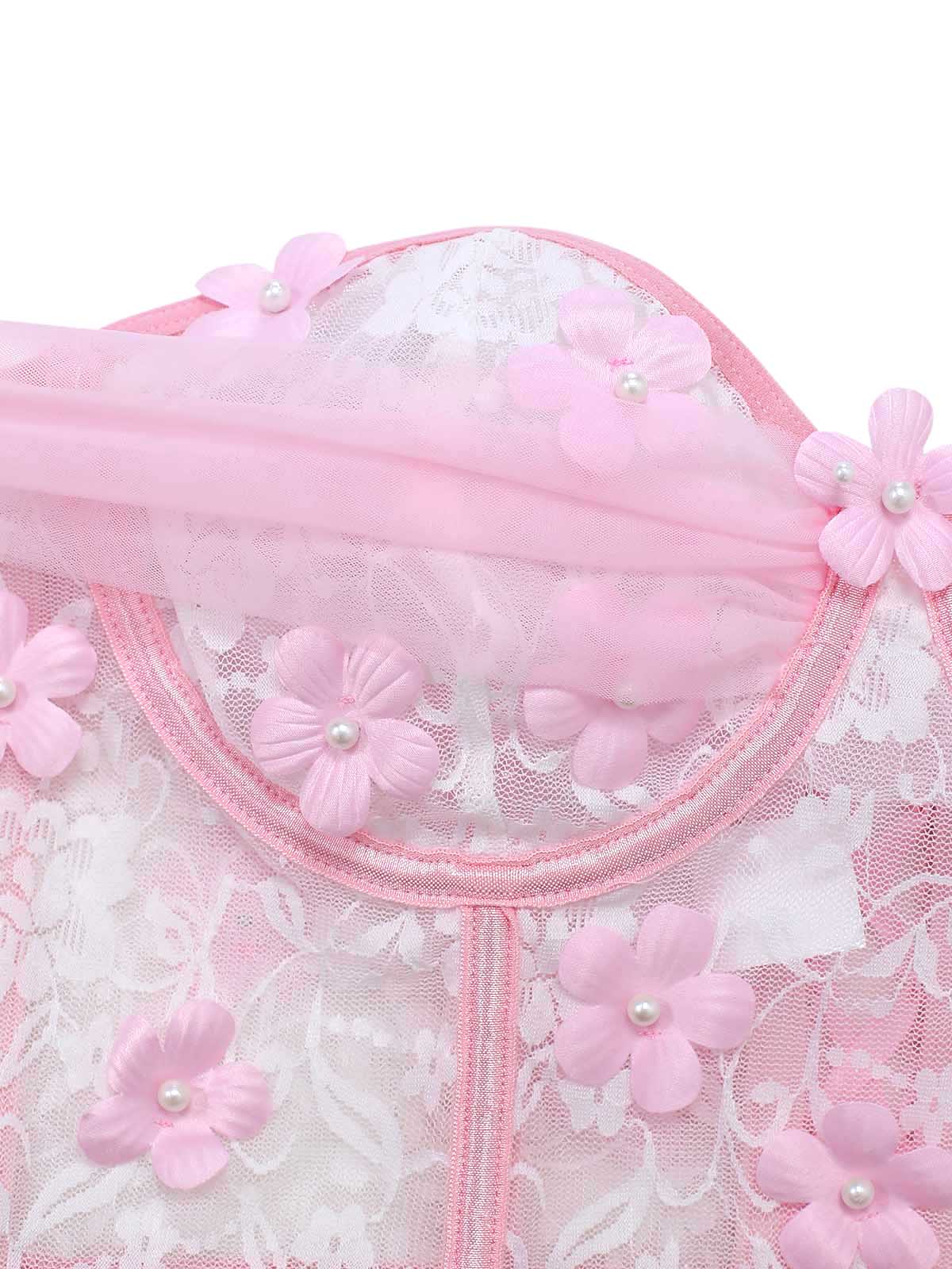 Ensemble de pyjama rose dentelle transparente épaules dénudées et fleurs relief années 60 - Image 5