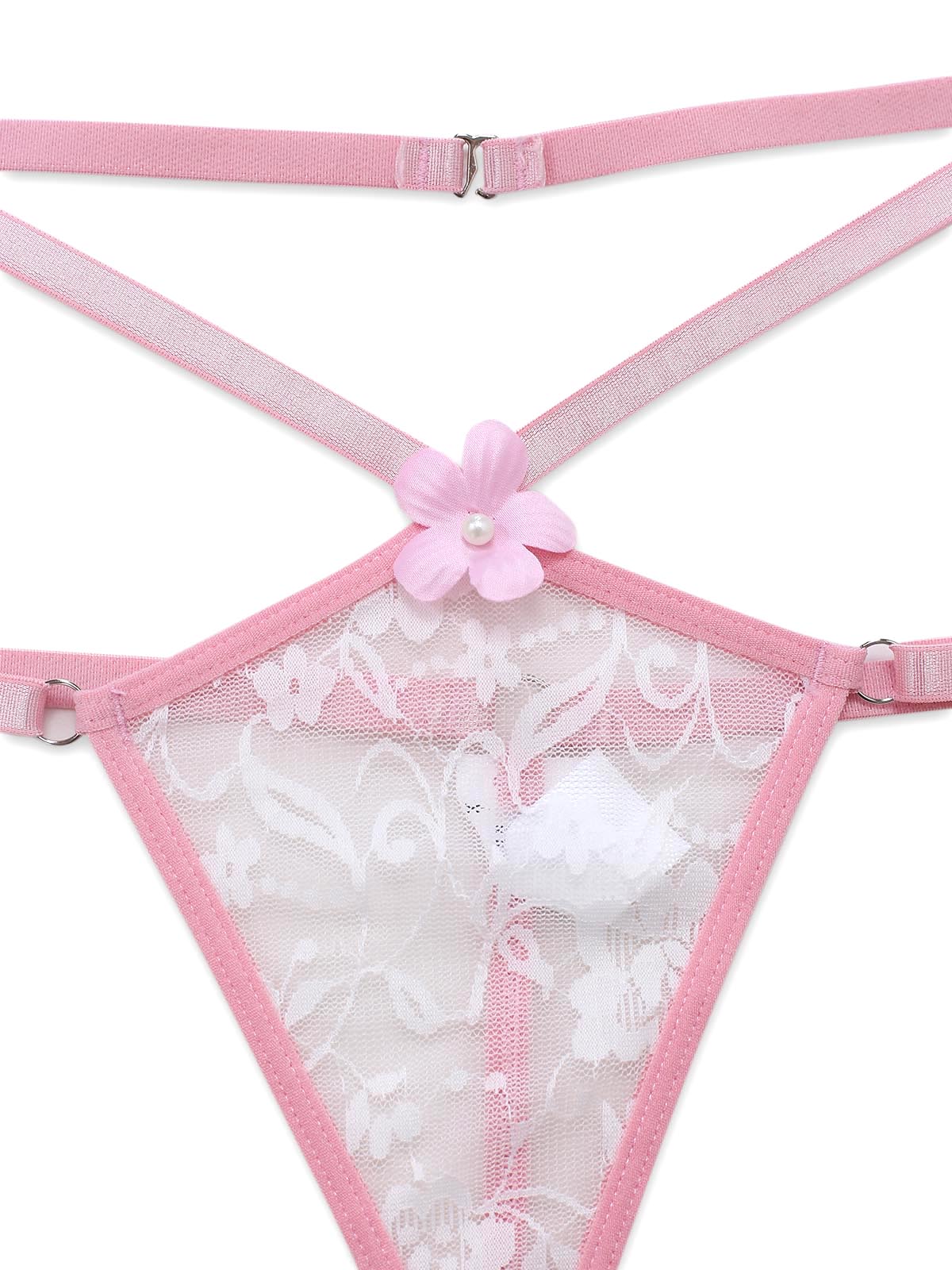 Ensemble de pyjama rose dentelle transparente épaules dénudées et fleurs relief années 60 - Image 6