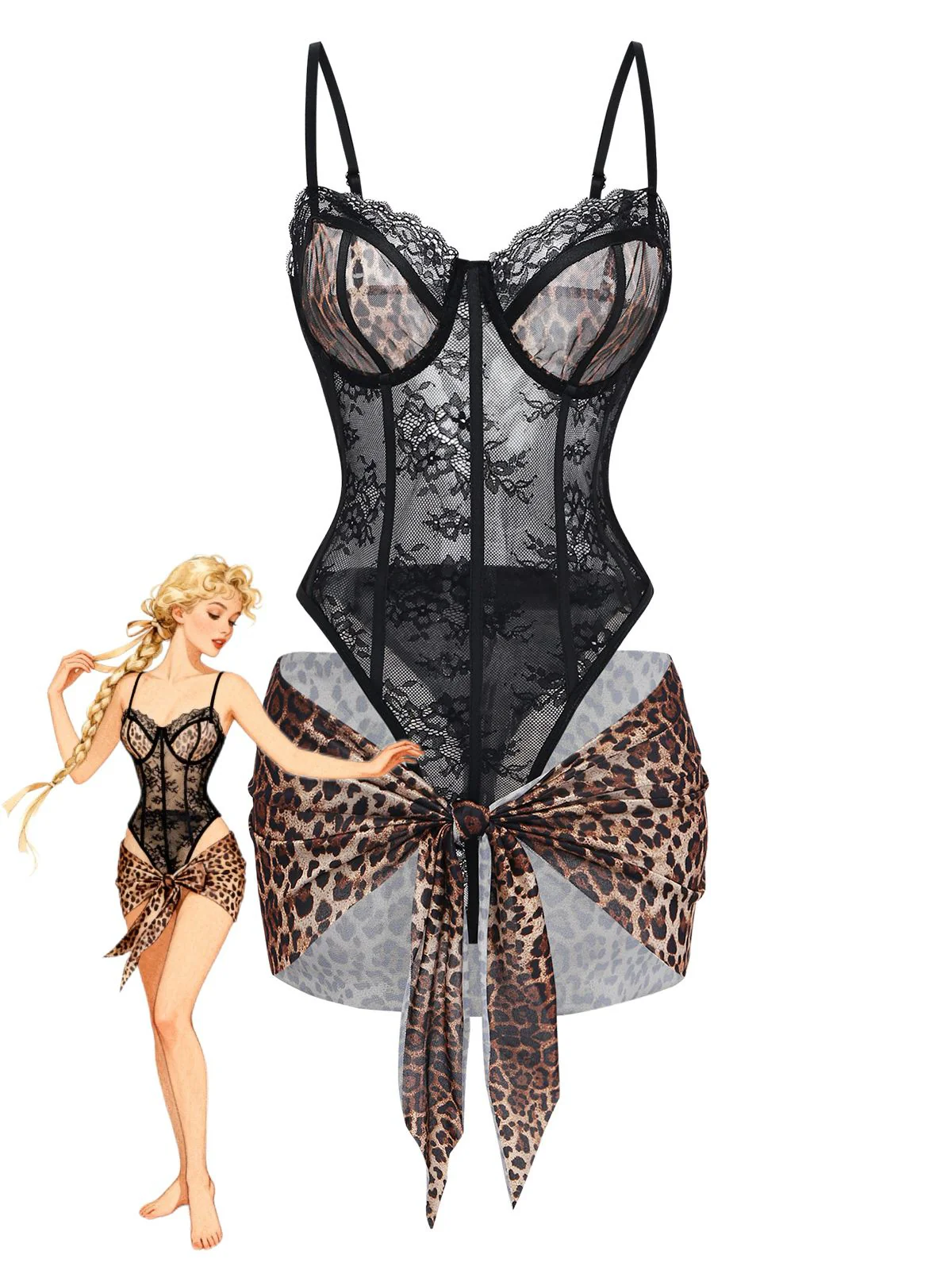 Ensemble lingerie body dentelle léopard tablier années 1980 - Image 7