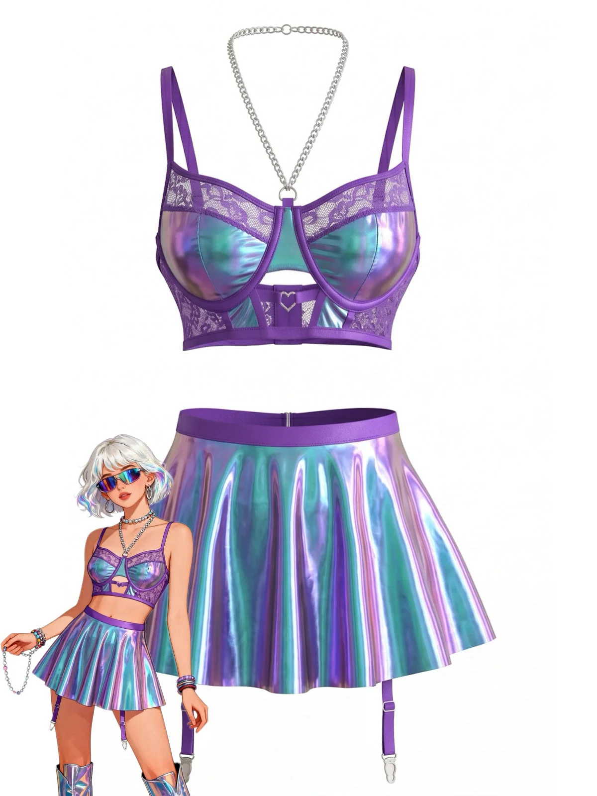 Ensemble lingerie dos nu dentelle holographique violette années 1980