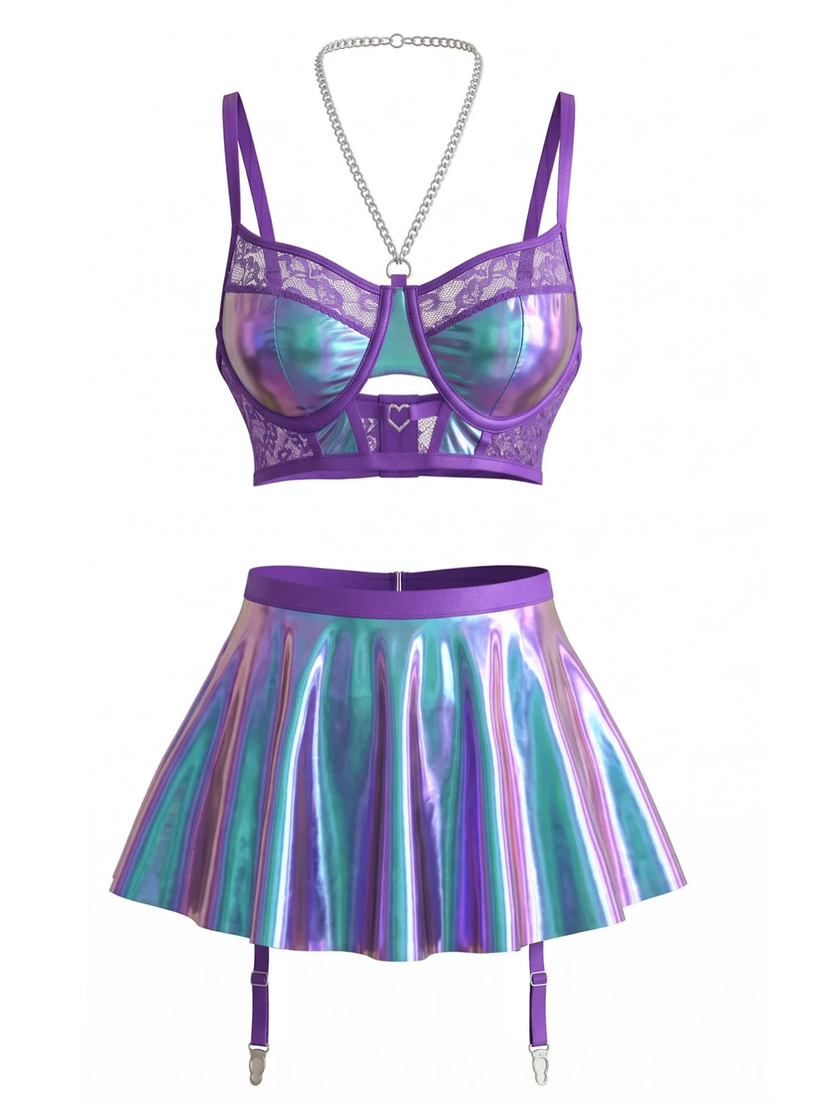 Ensemble lingerie dos nu dentelle holographique violette années 1980 - Image 2