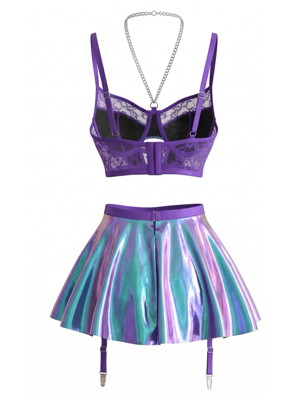 Ensemble lingerie dos nu dentelle holographique violette années 1980 - Image 3