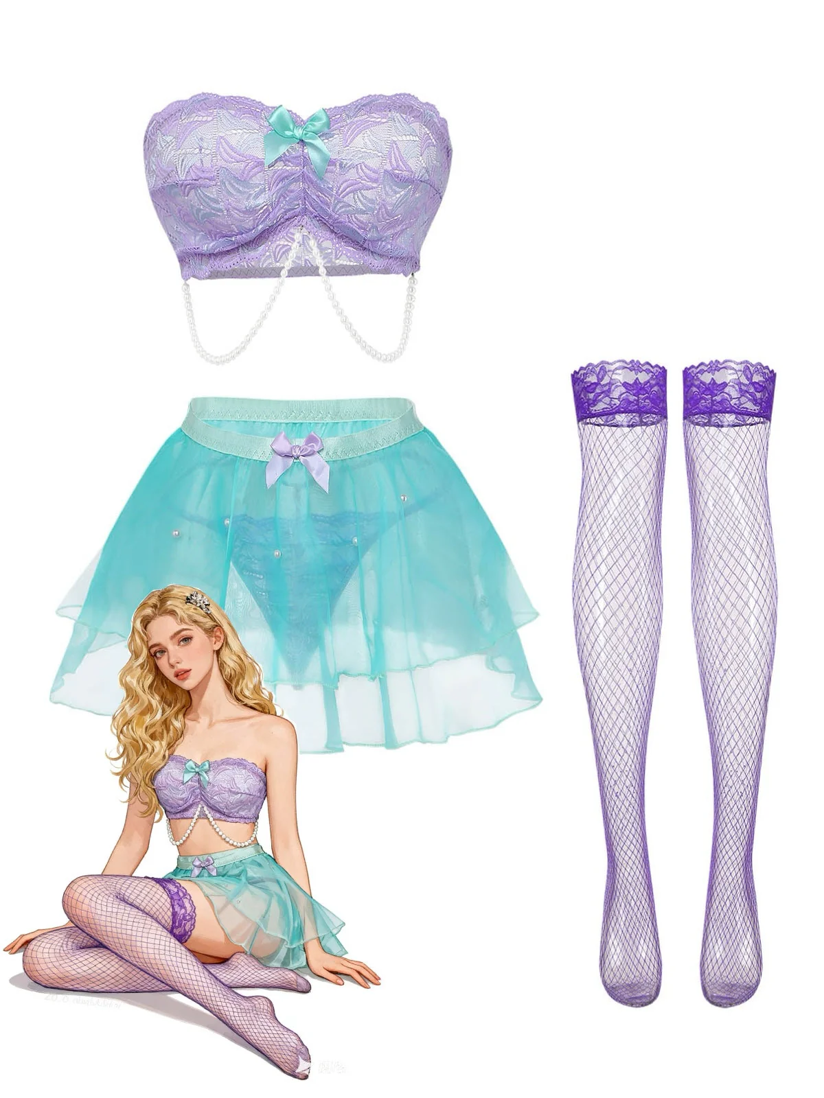 Ensemble lingerie Fairycore lavande dentelle résille et nœuds années 80