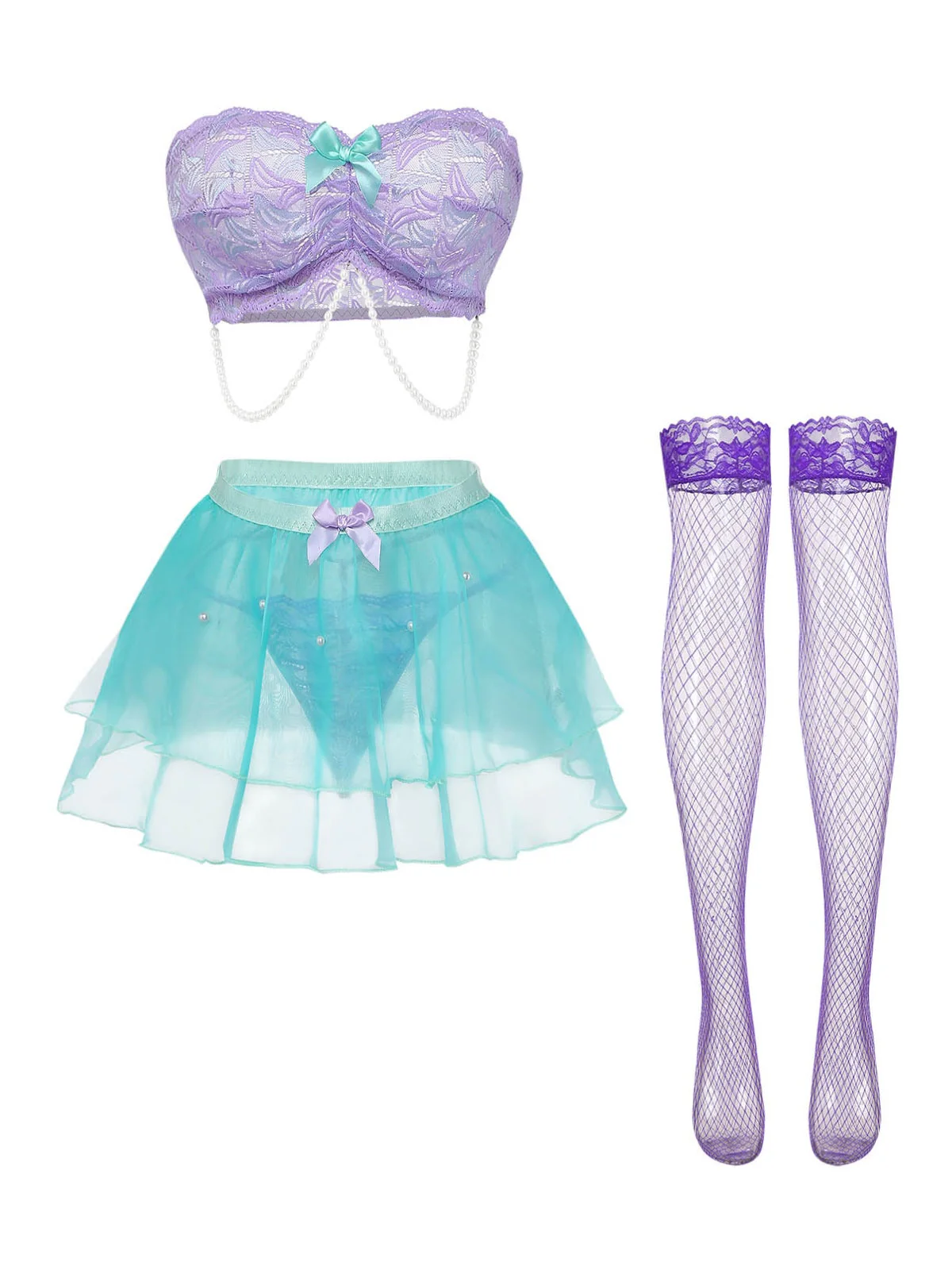 Ensemble lingerie Fairycore lavande dentelle résille et nœuds années 80 - Image 9