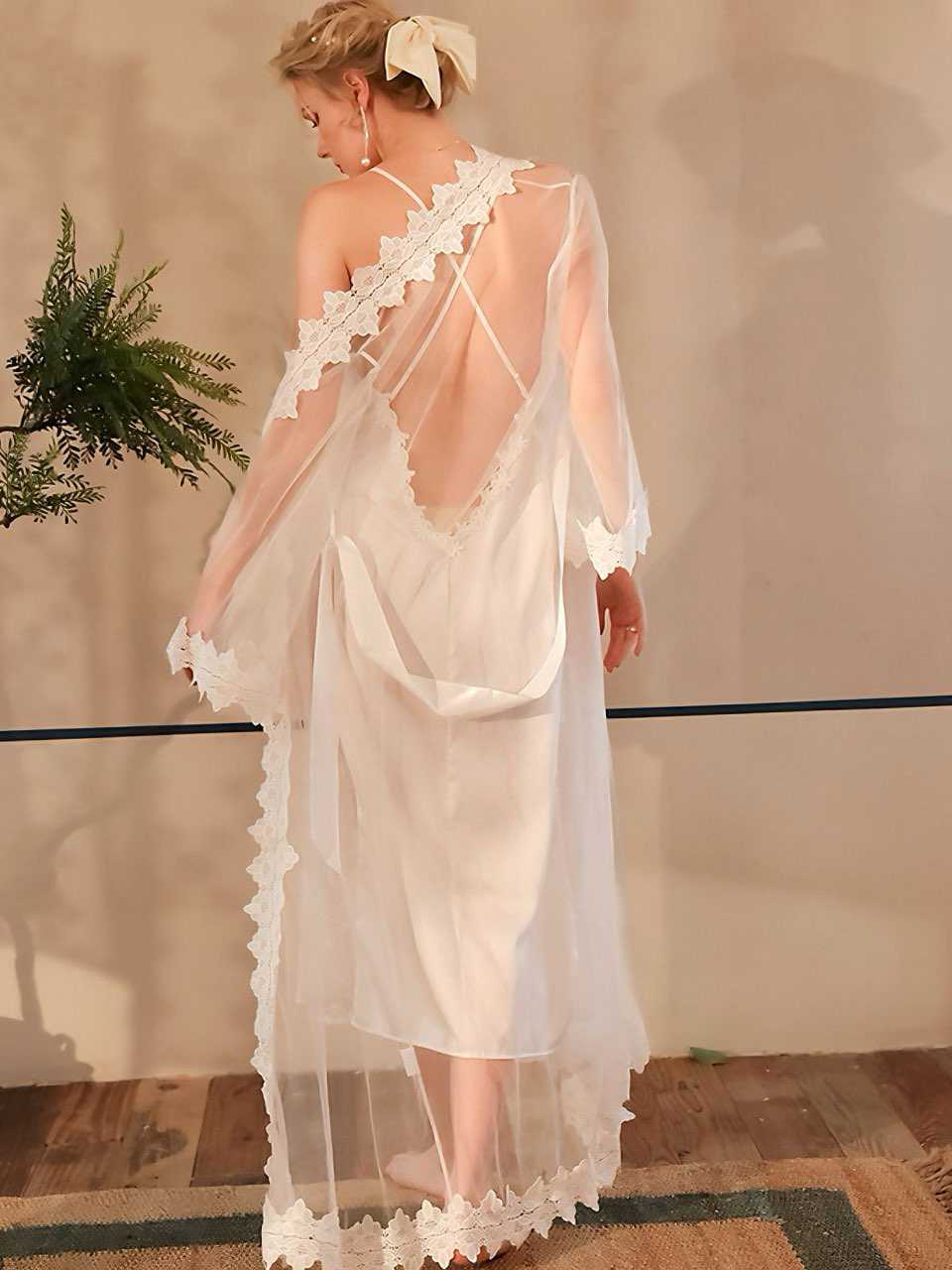 Ensemble nuisette blanche en dentelle et maille années 1930 - Image 3