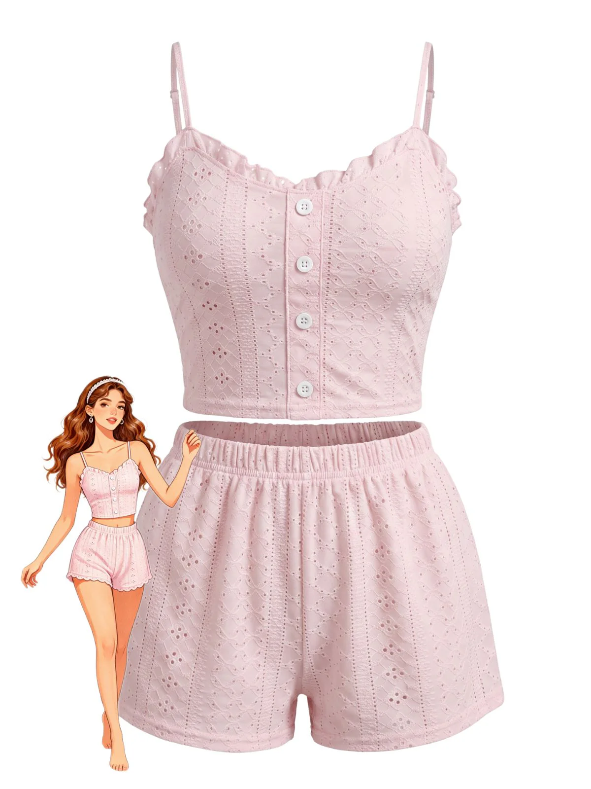 Ensemble Pyjama Bretelles Fines Boutonné années 50