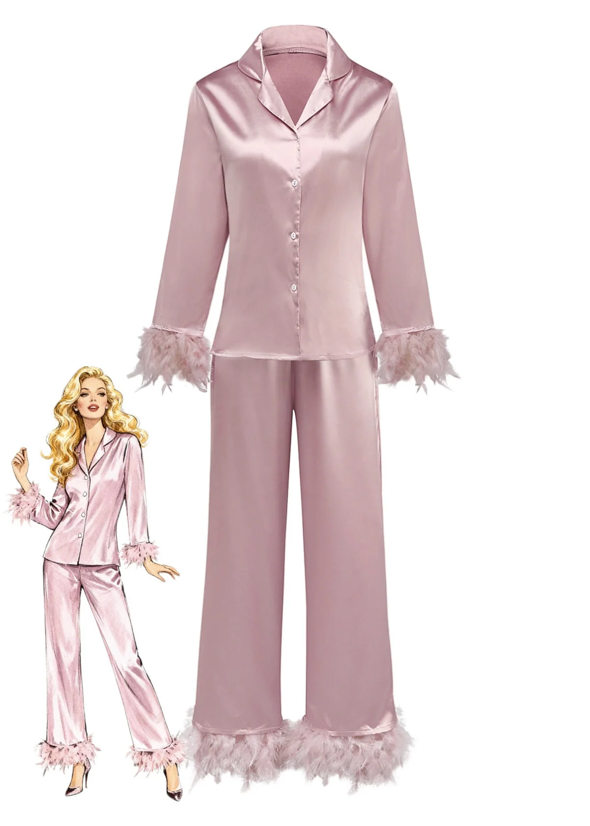 Ensemble pyjama en satin uni à bordure de plumes des années 1930