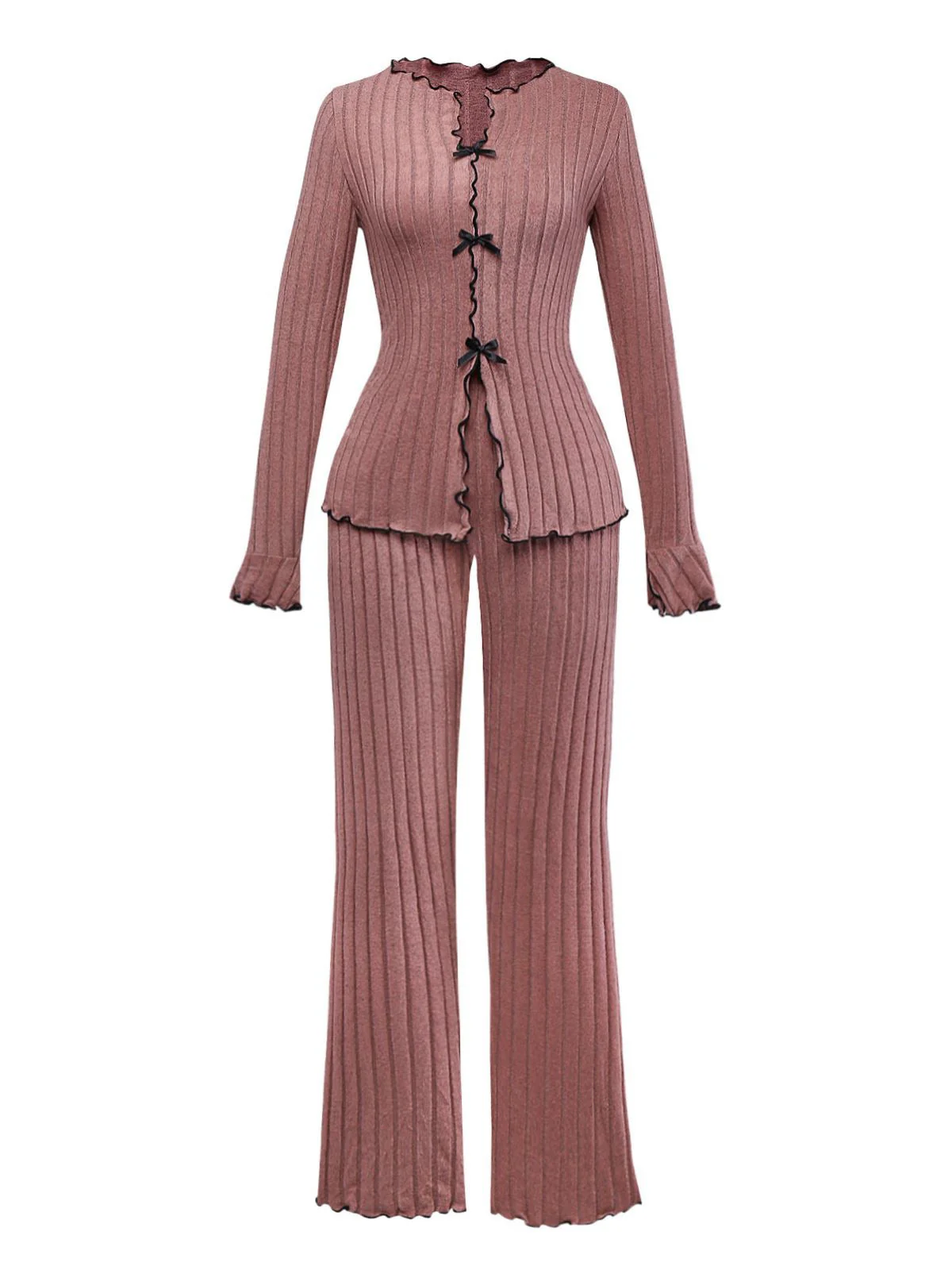 Ensemble pyjama long à volants en maille et nœud années 1950