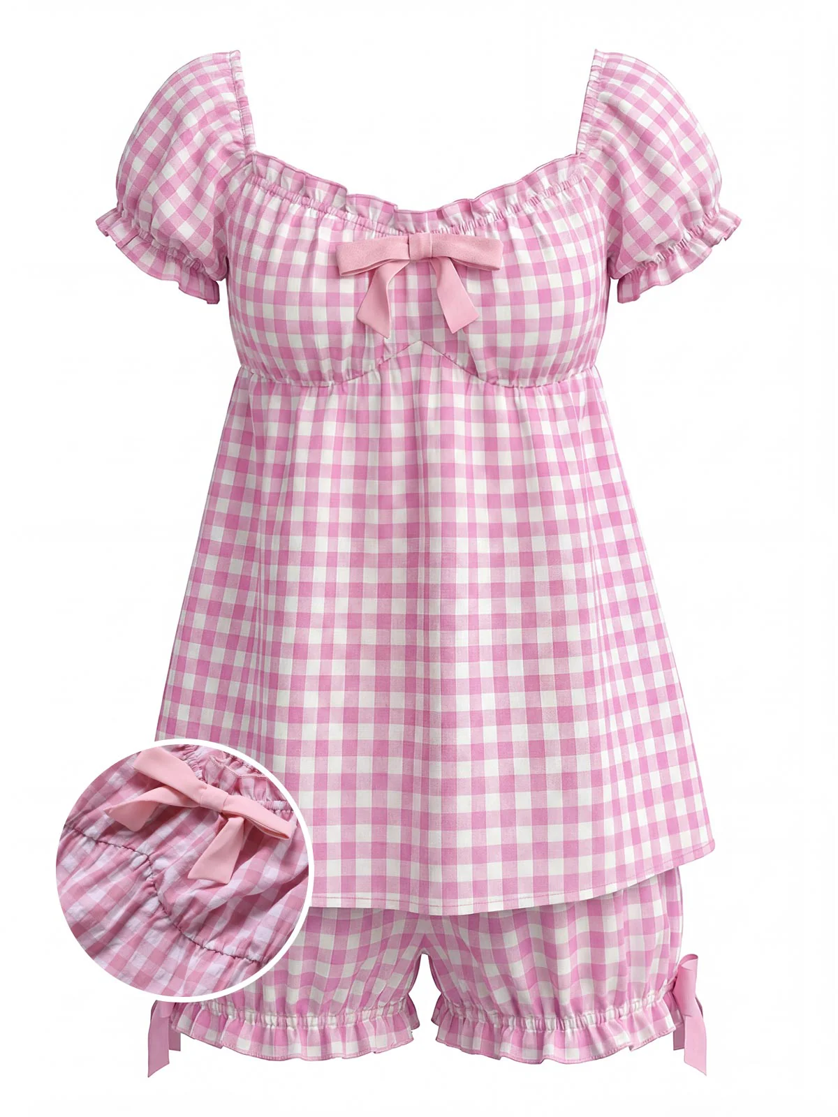 Ensemble Pyjama Rose Vichy à Volants Années 1960