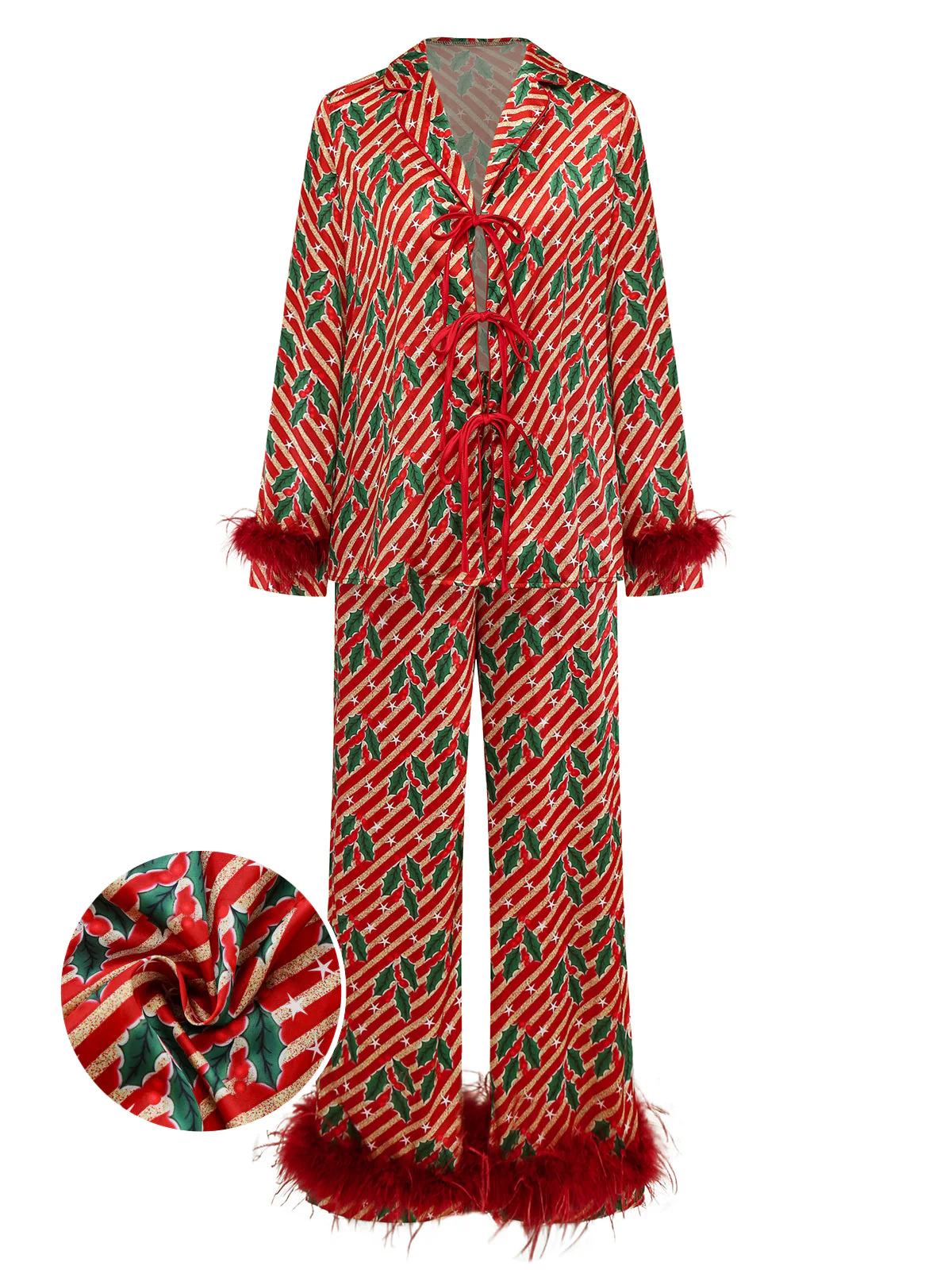 Ensemble pyjama rouge hollies et sucres d'orge avec plumes années 1950