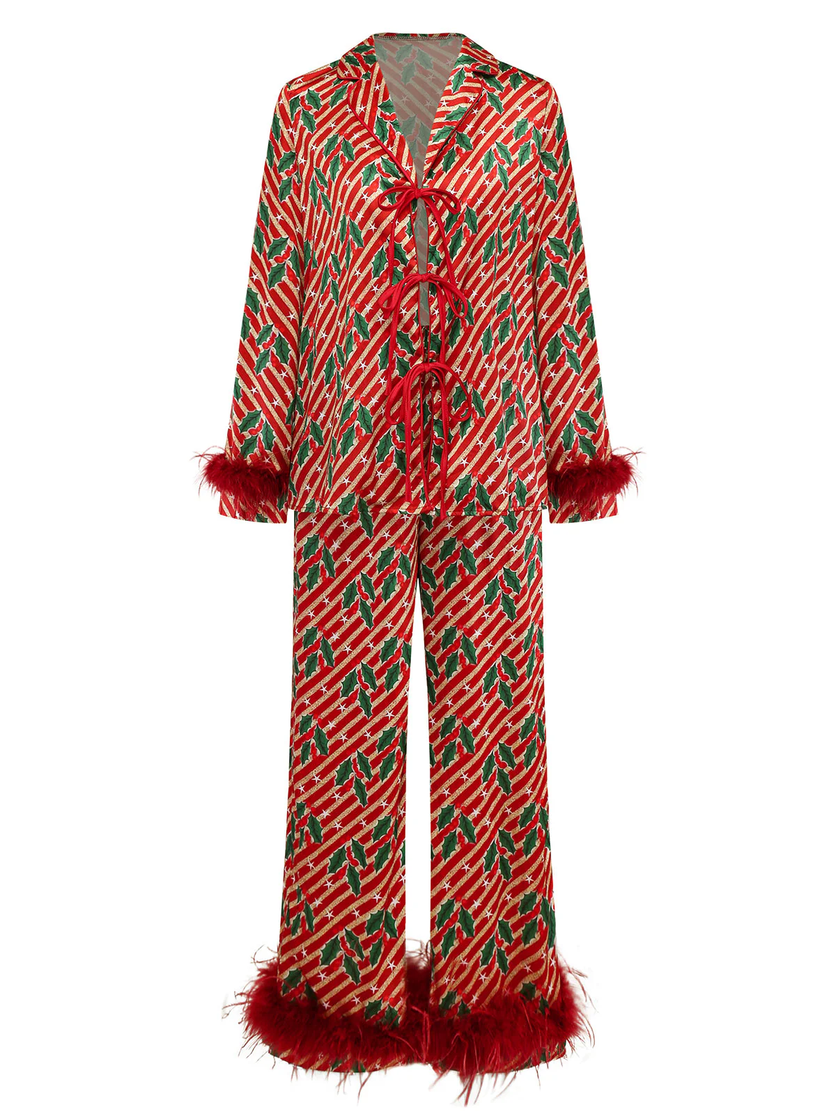 Ensemble pyjama rouge hollies et sucres d'orge avec plumes années 1950 - Image 2