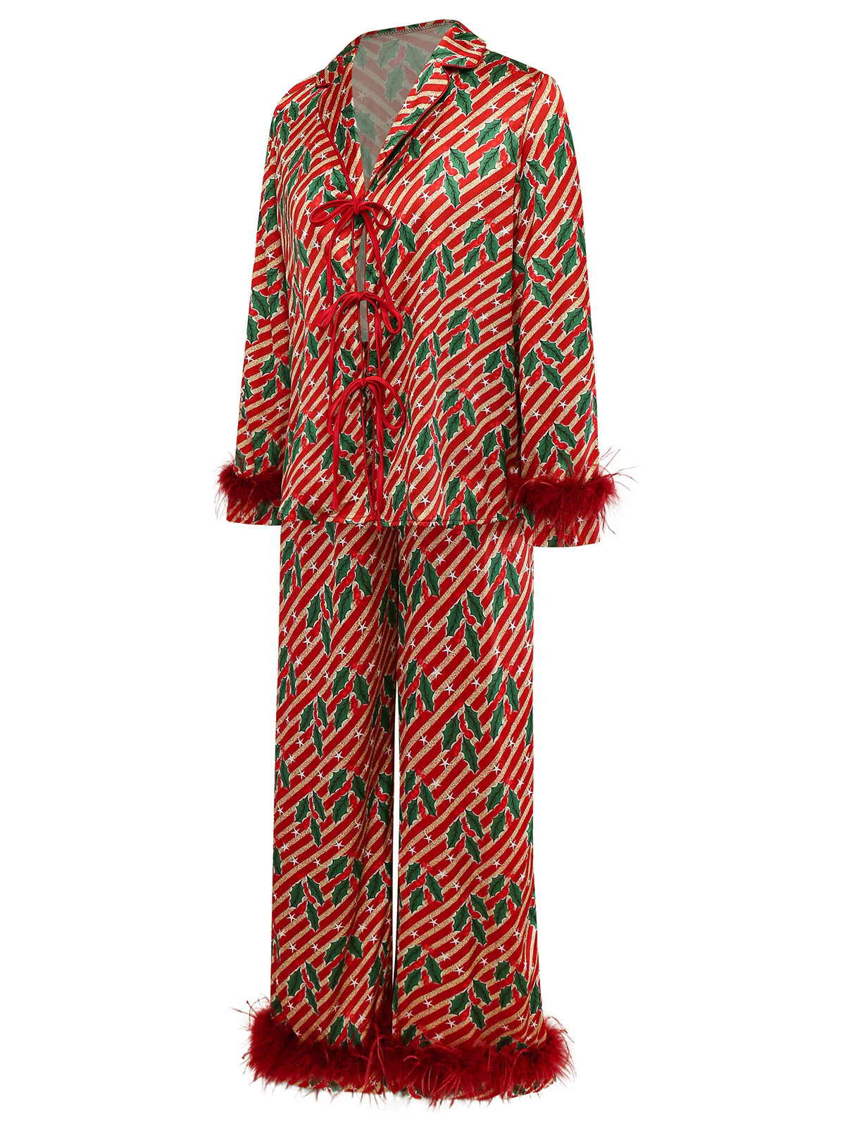 Ensemble pyjama rouge hollies et sucres d'orge avec plumes années 1950 - Image 3