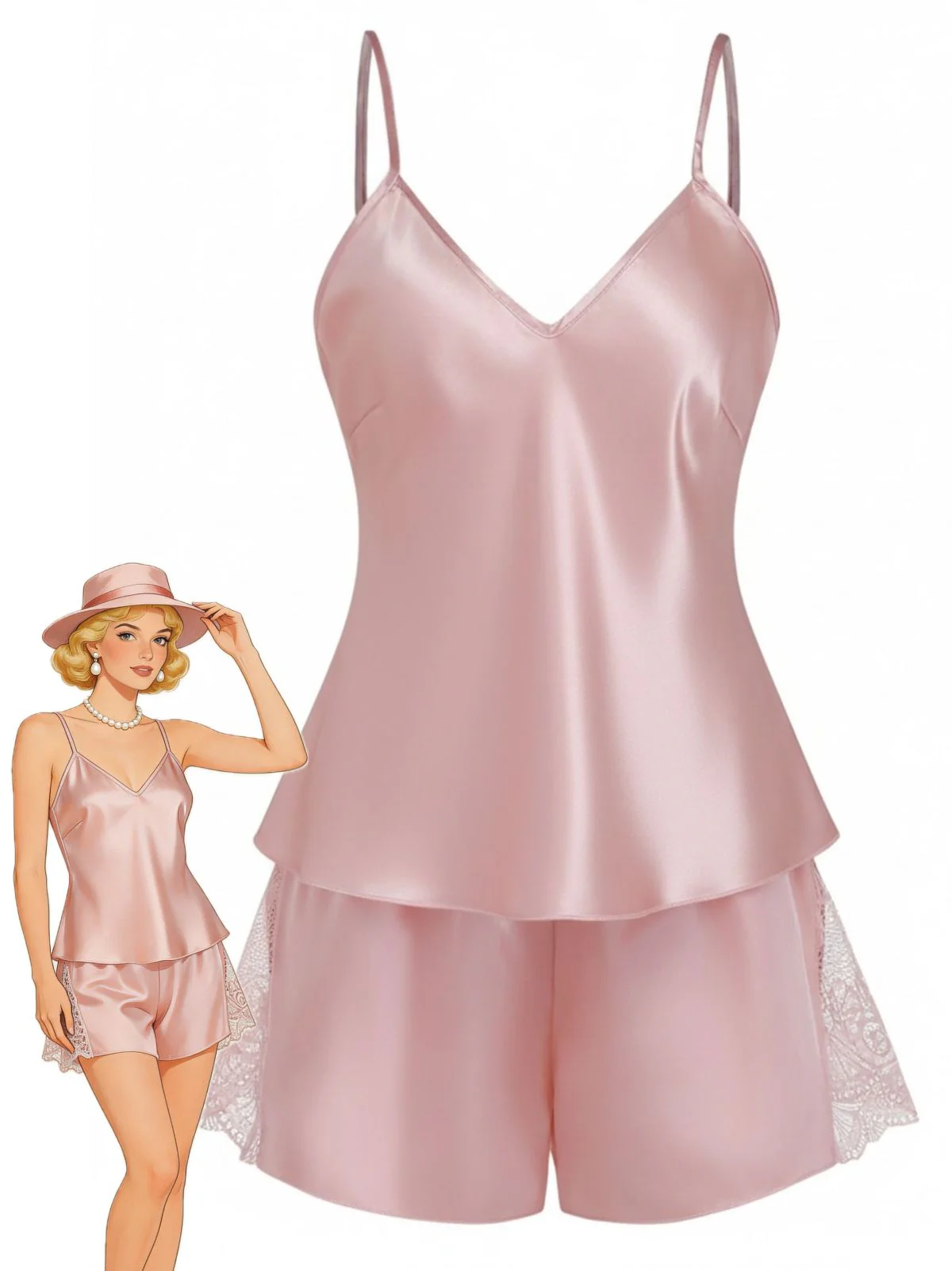 Ensemble pyjama satin dentelle unie 1960s