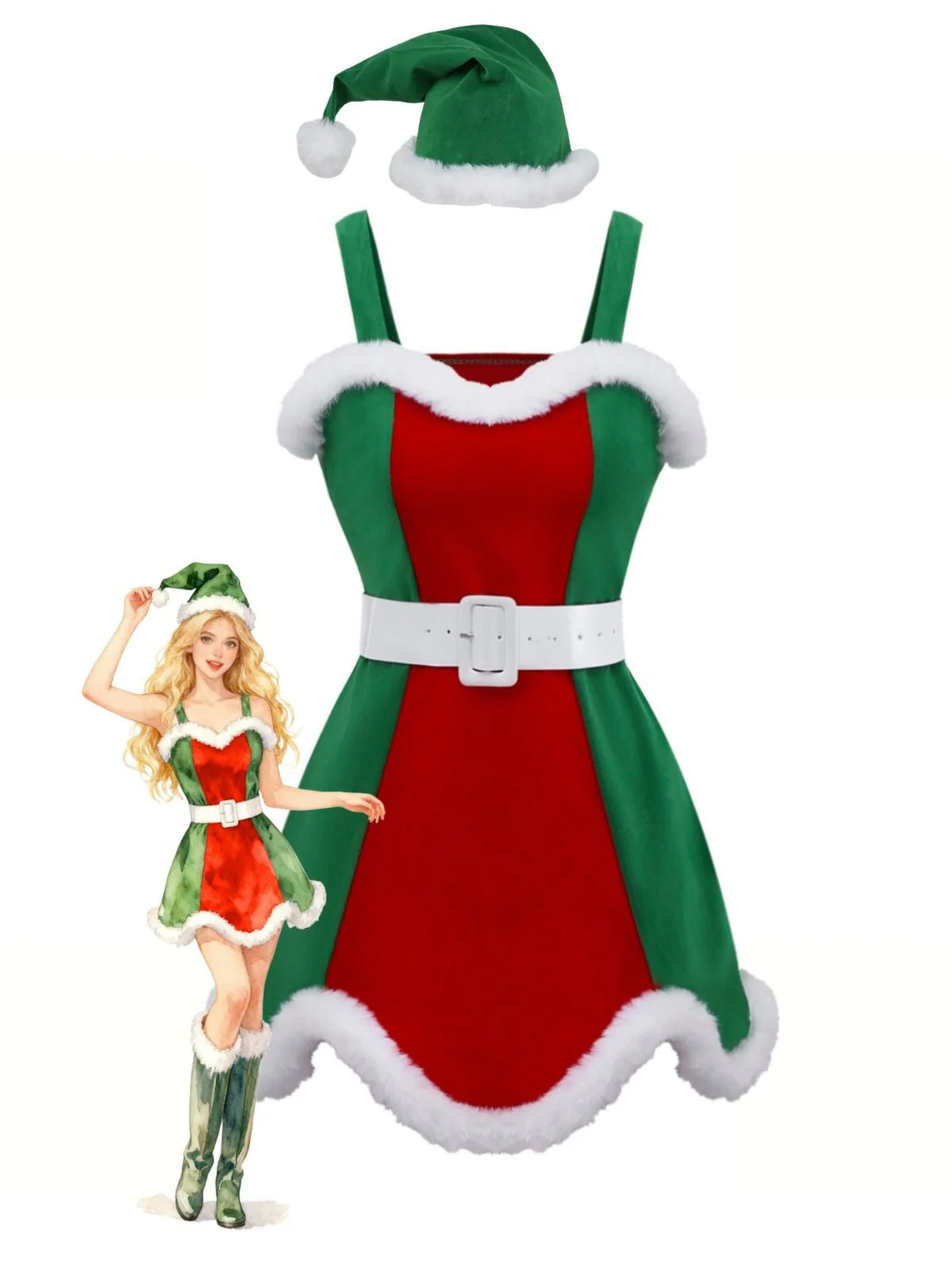 Ensemble robe de Noël avec bordure en peluche rouge et verte des années 1960