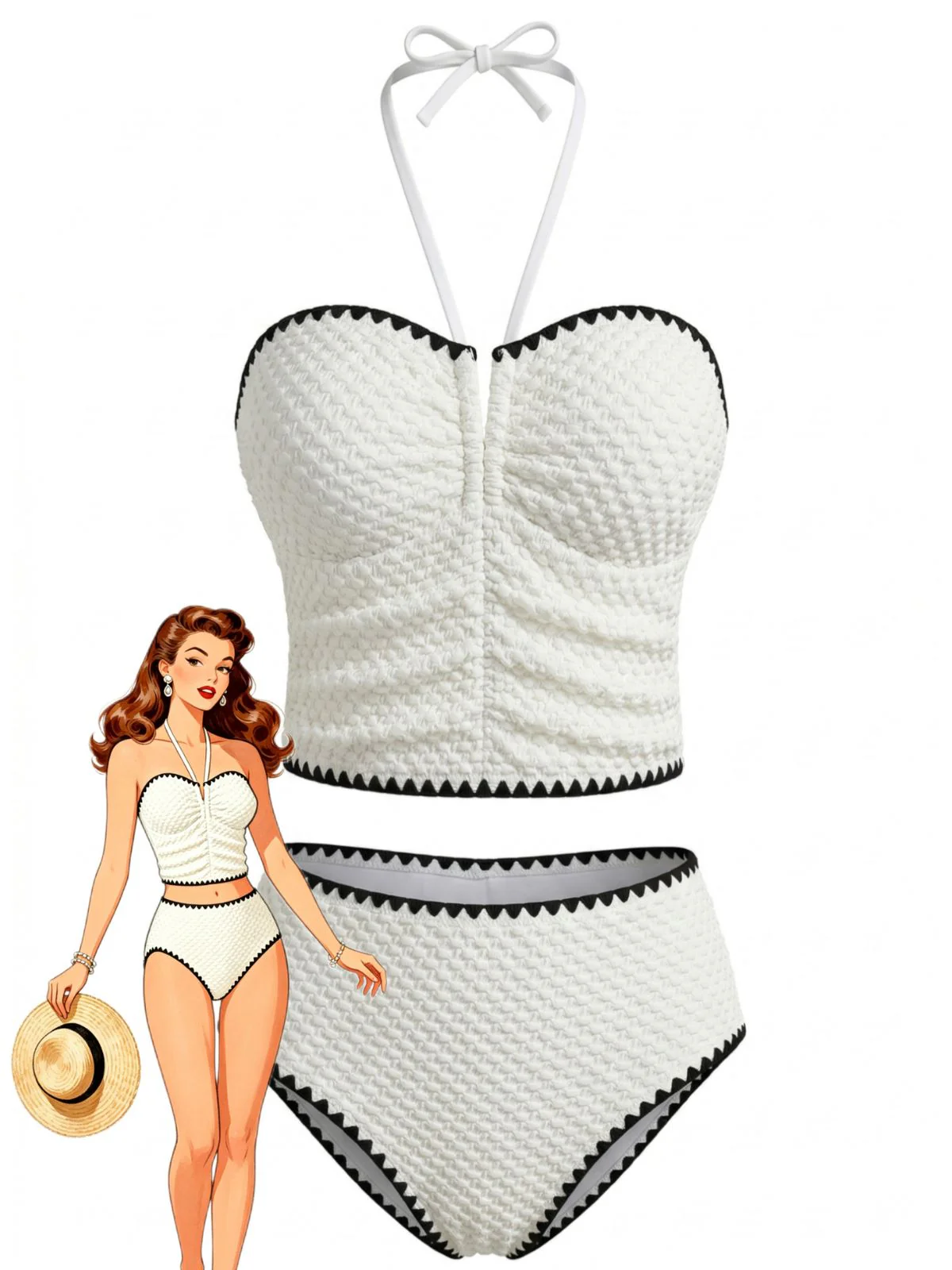 Ensemble tankini blanc texturé dos nu et sans bretelles années 50