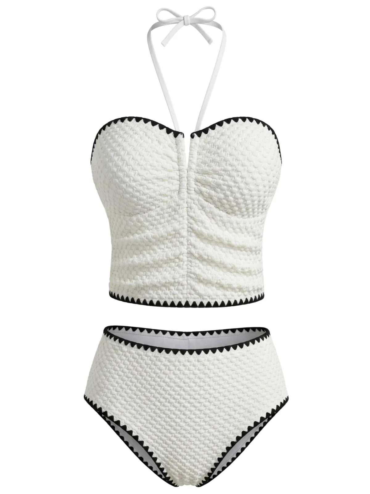 Ensemble tankini blanc texturé dos nu et sans bretelles années 50 - Image 2