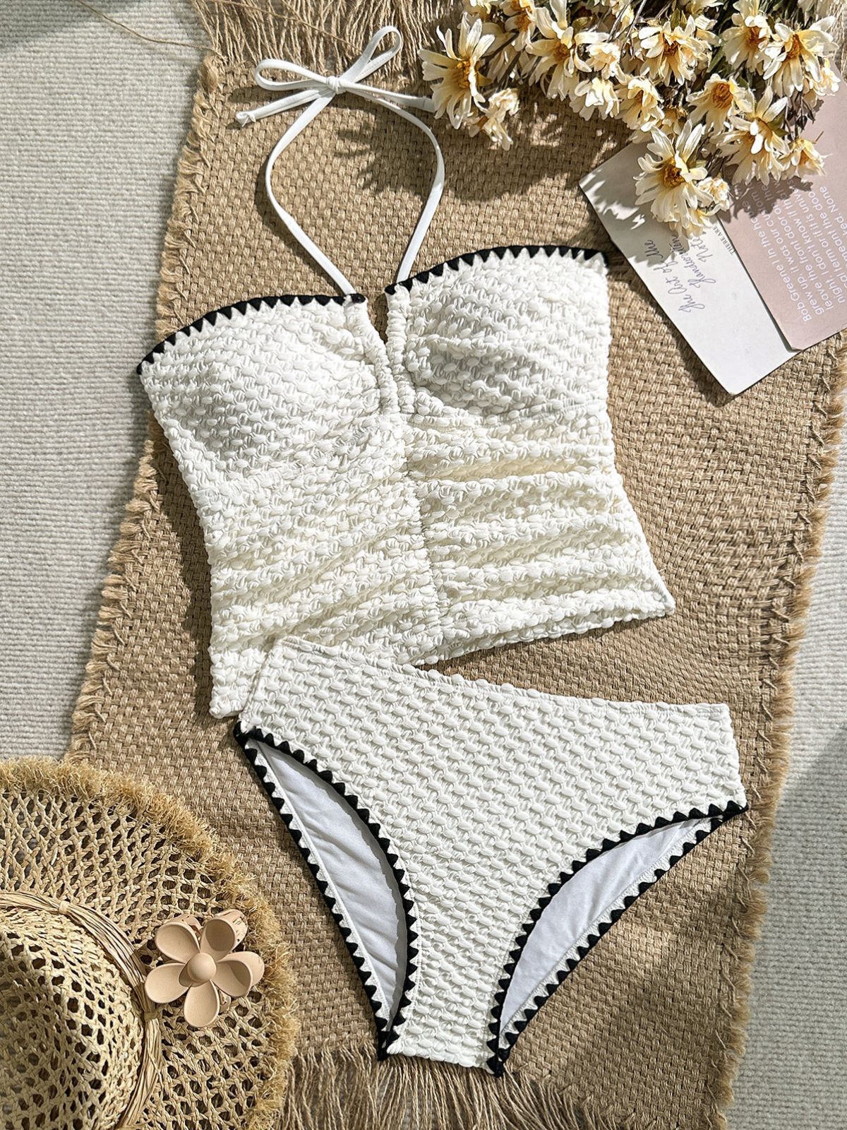 Ensemble tankini blanc texturé dos nu et sans bretelles années 50 - Image 4