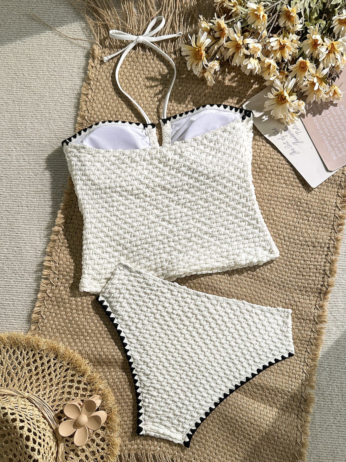 Ensemble tankini blanc texturé dos nu et sans bretelles années 50 - Image 7
