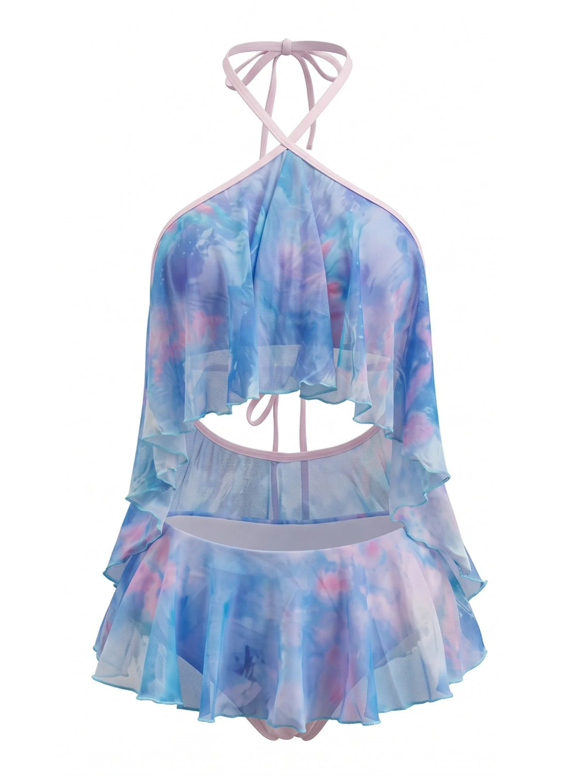 Ensemble tankini bleu ciel dégradé volants et dos nu années 80