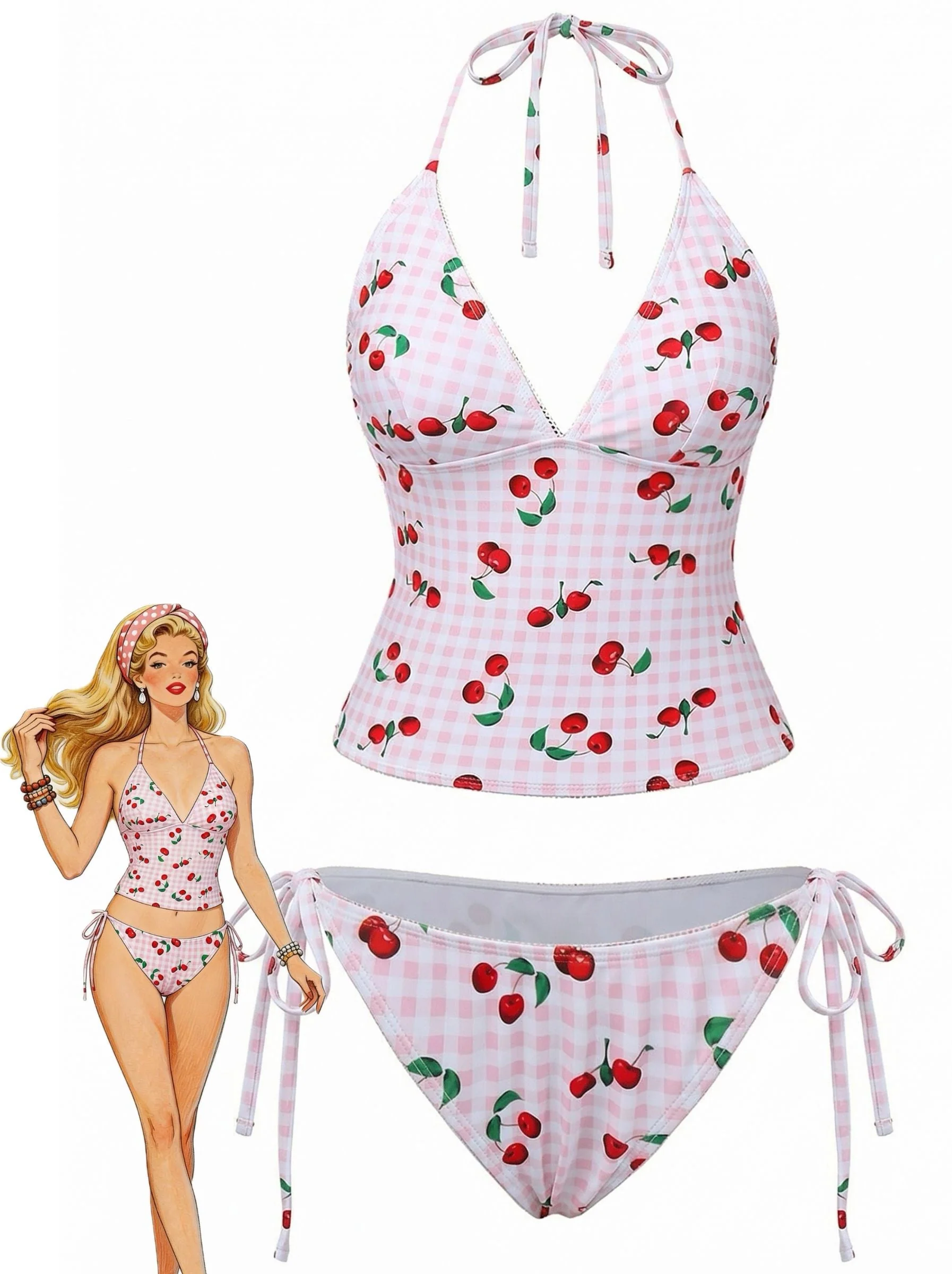 Ensemble tankini dos nu à carreaux vichy rose années 1950