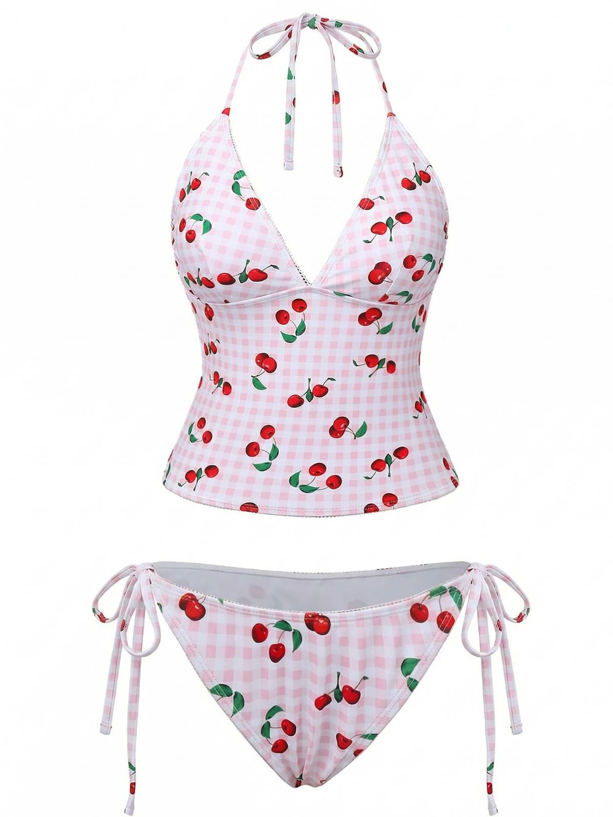 Ensemble tankini dos nu à carreaux vichy rose années 1950 - Image 2