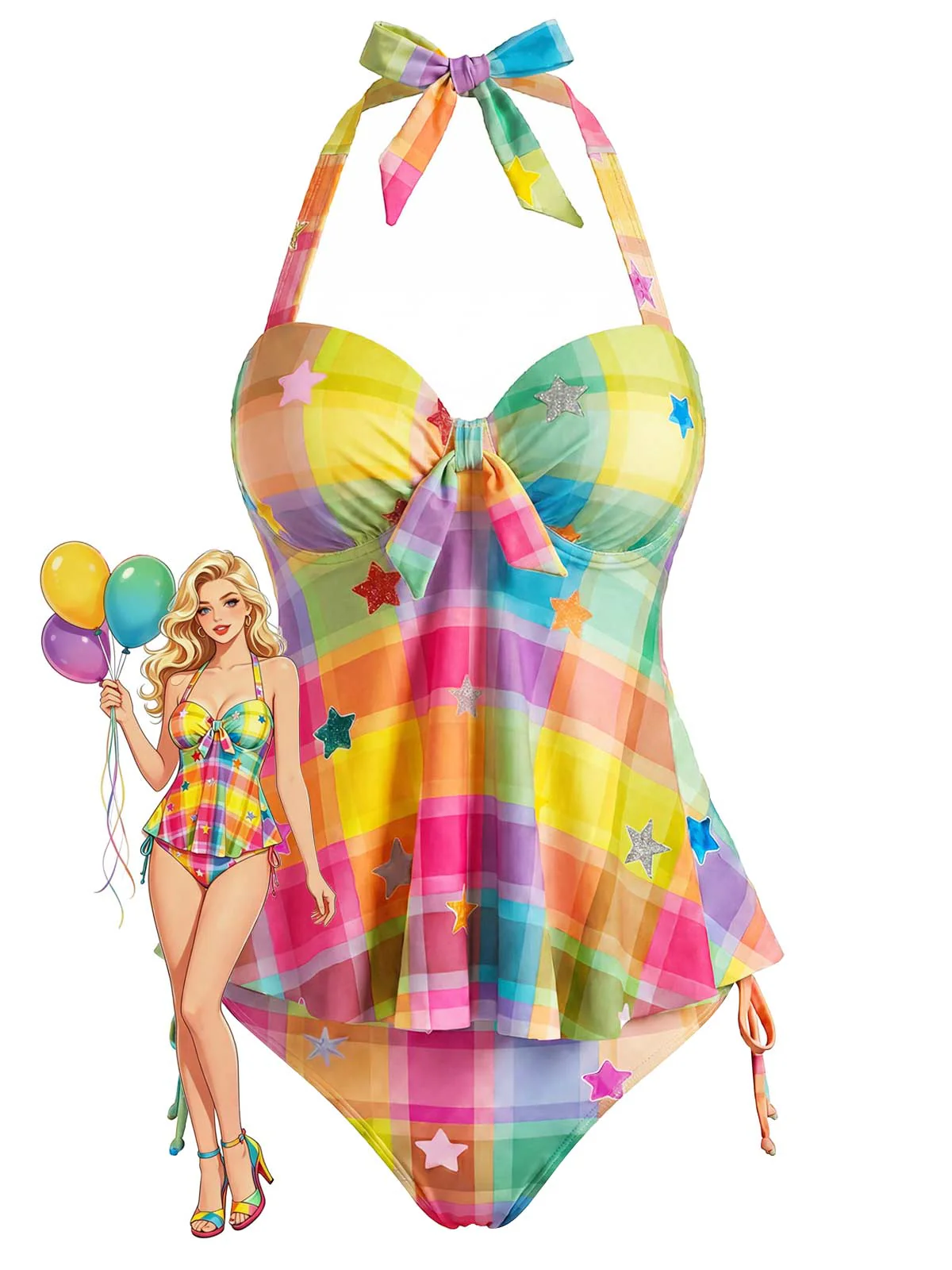 Ensemble tankini dos nu motif écossais arc-en-ciel et étoiles années 70