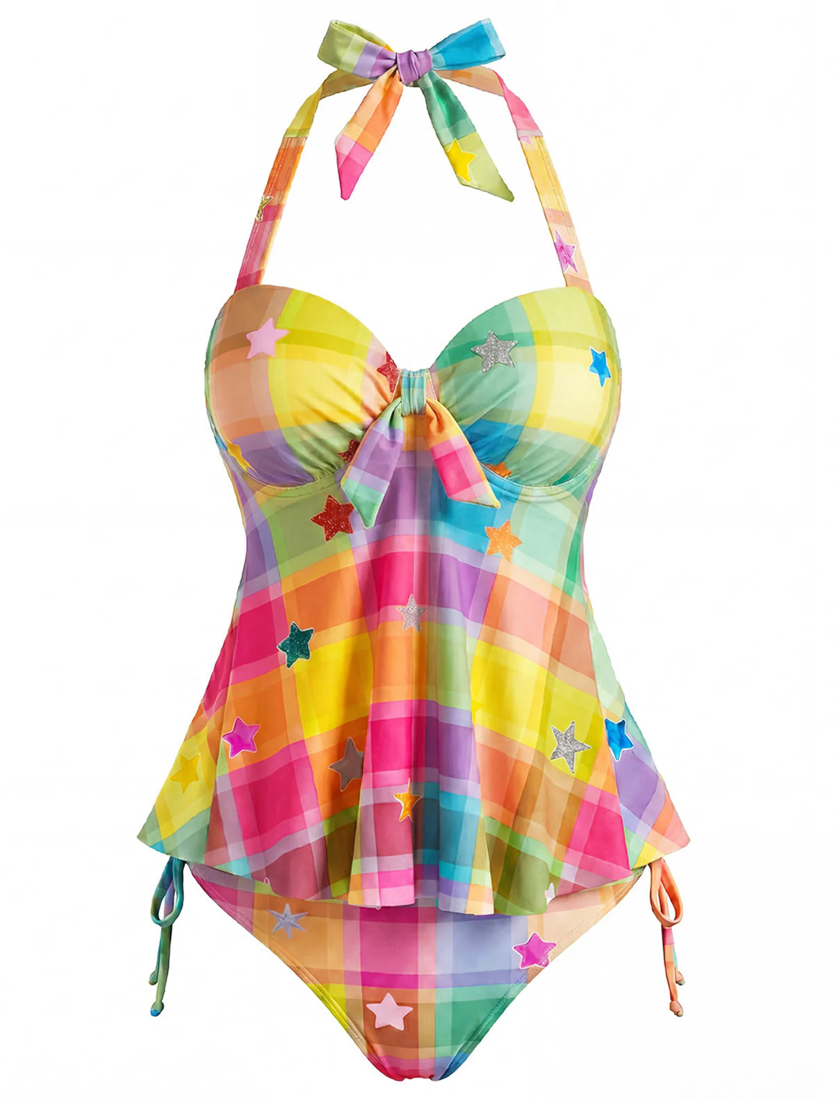 Ensemble tankini dos nu motif écossais arc-en-ciel et étoiles années 70 - Image 3