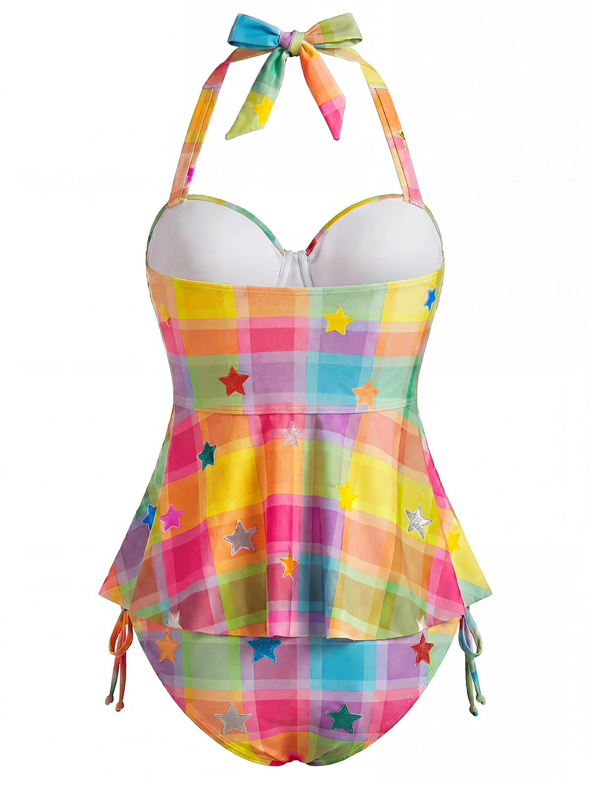Ensemble tankini dos nu motif écossais arc-en-ciel et étoiles années 70 - Image 4
