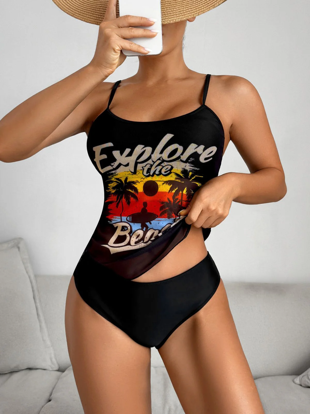 Ensemble tankini en maille à fines bretelles et motif palmiers années 1950 - Image 2