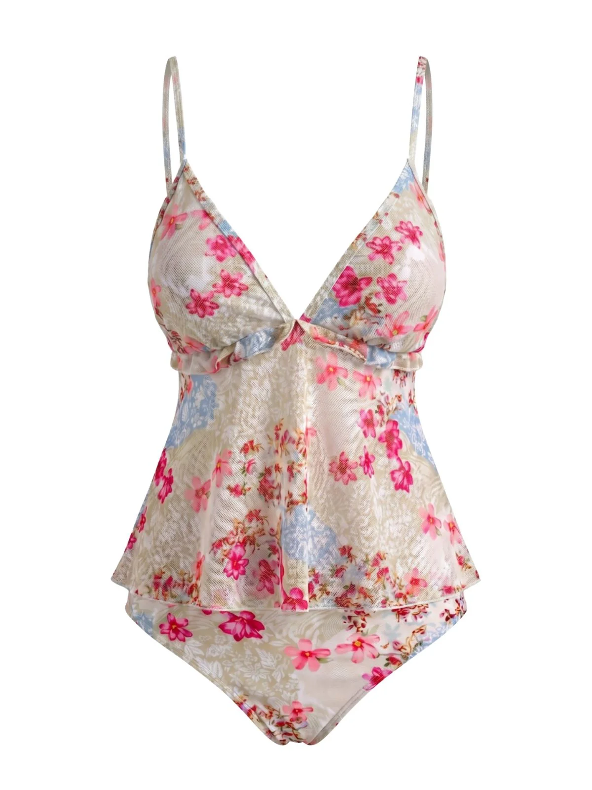 Ensemble Tankini Floral Bretelles Fines Péplum Rose Années 1930 - Image 3