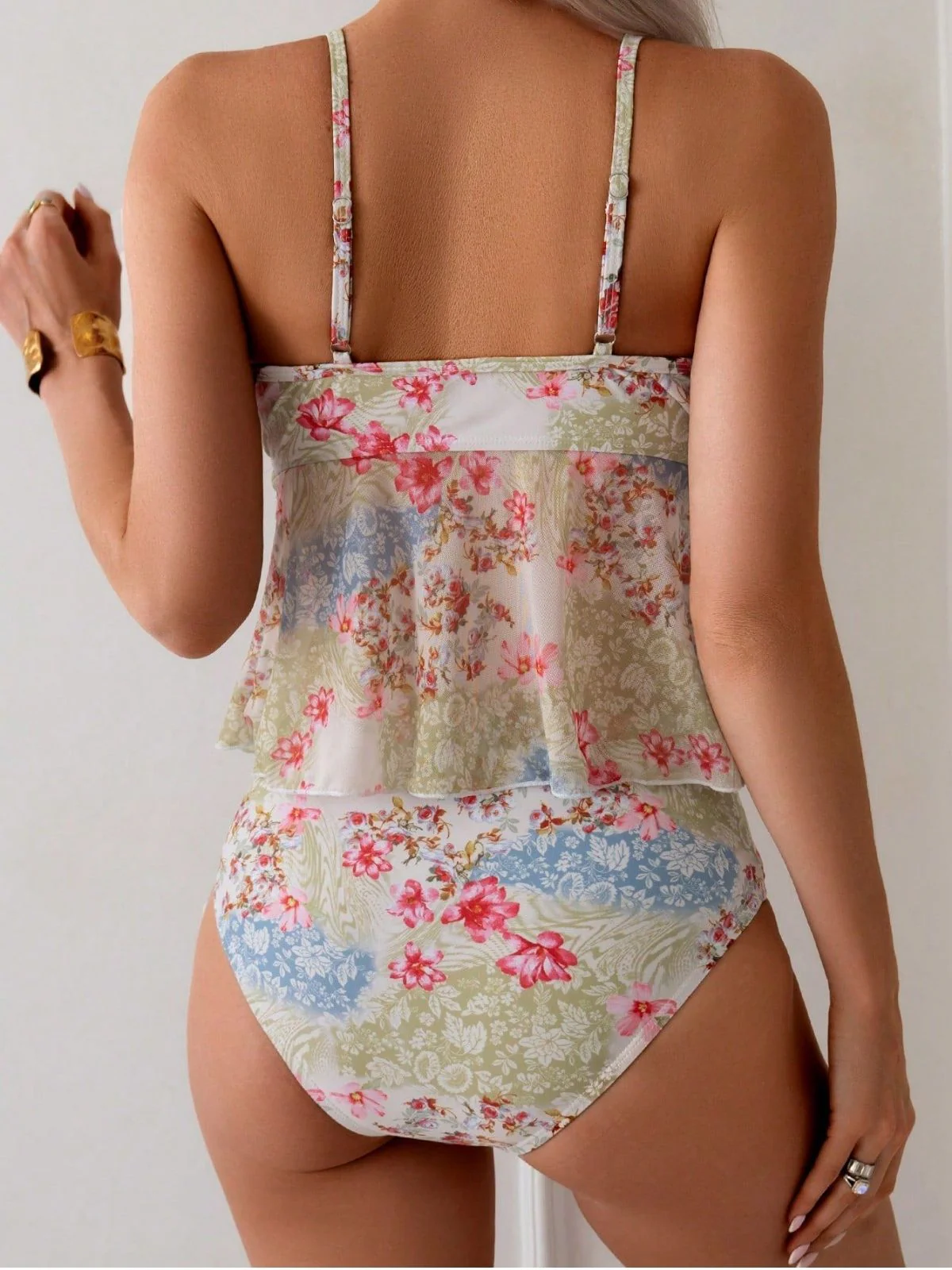 Ensemble Tankini Floral Bretelles Fines Péplum Rose Années 1930 - Image 5