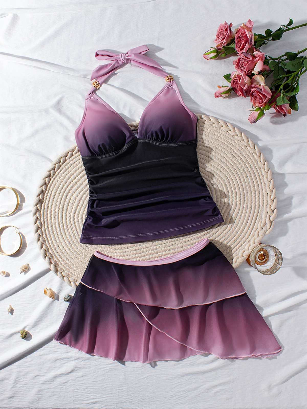 Ensemble tankini froncé ombré dos nu lavande années 1980 - Image 5