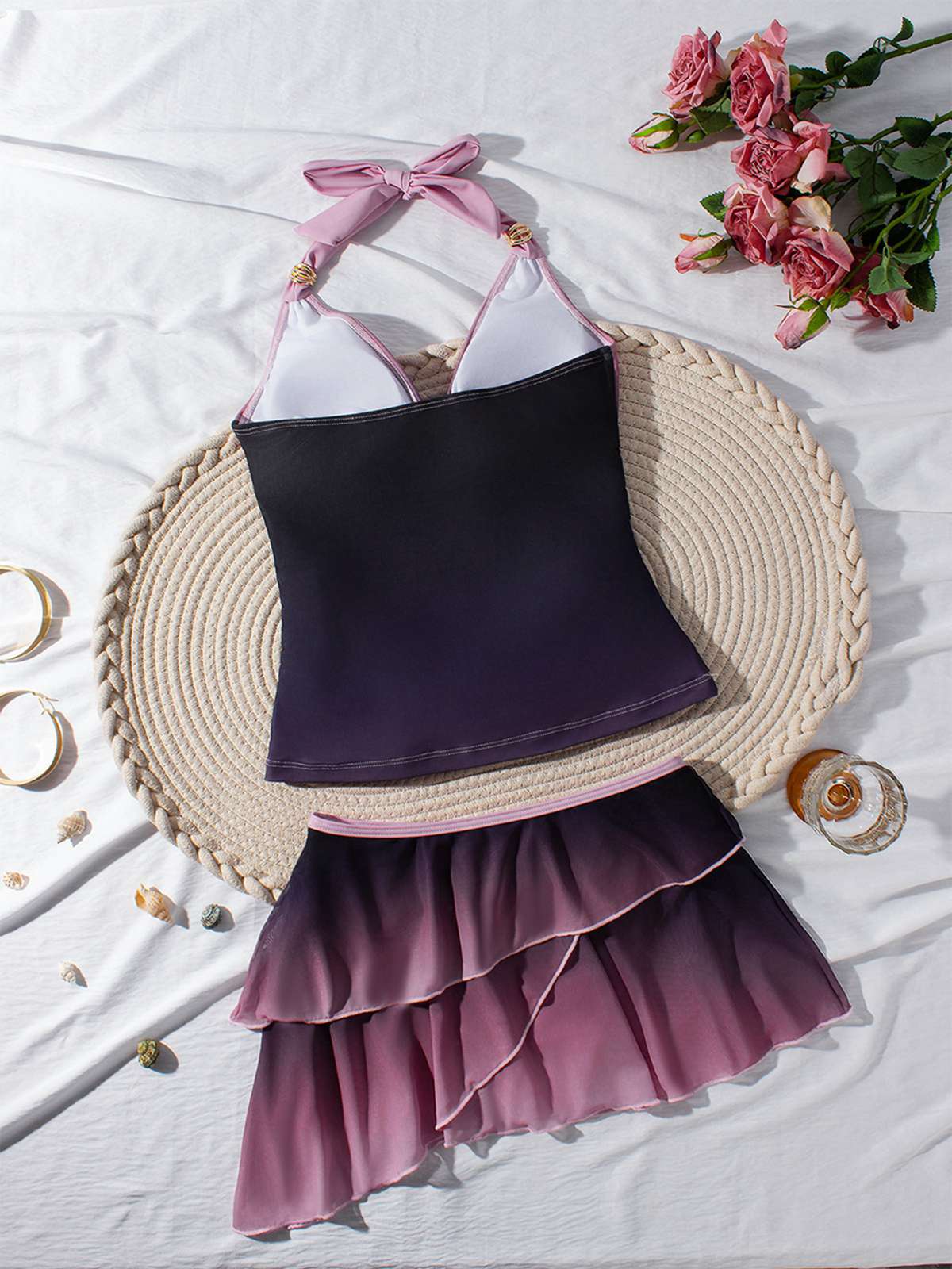 Ensemble tankini froncé ombré dos nu lavande années 1980 - Image 6