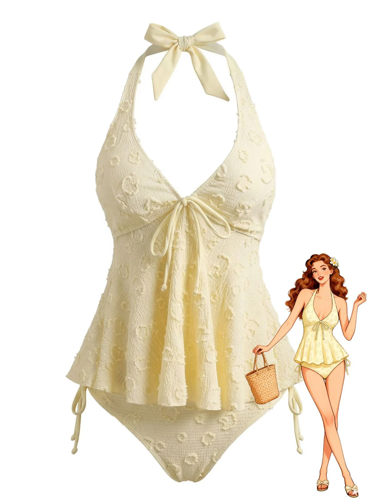 Ensemble tankini halter décolleté en V profond floral texturé années 1950