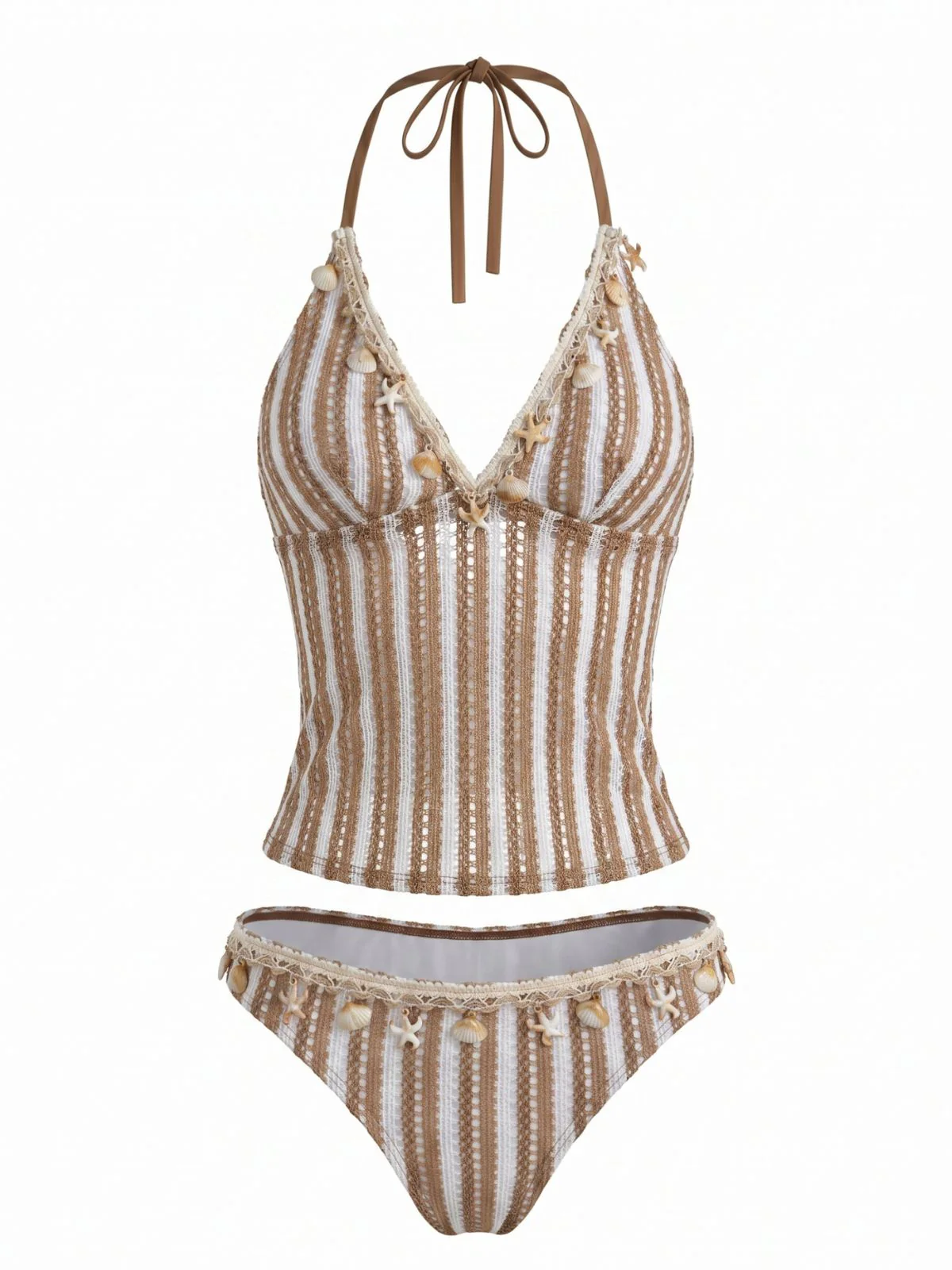 Ensemble tankini kaki rayé et crocheté coquillages et étoiles mer relief années 1950 - Image 2