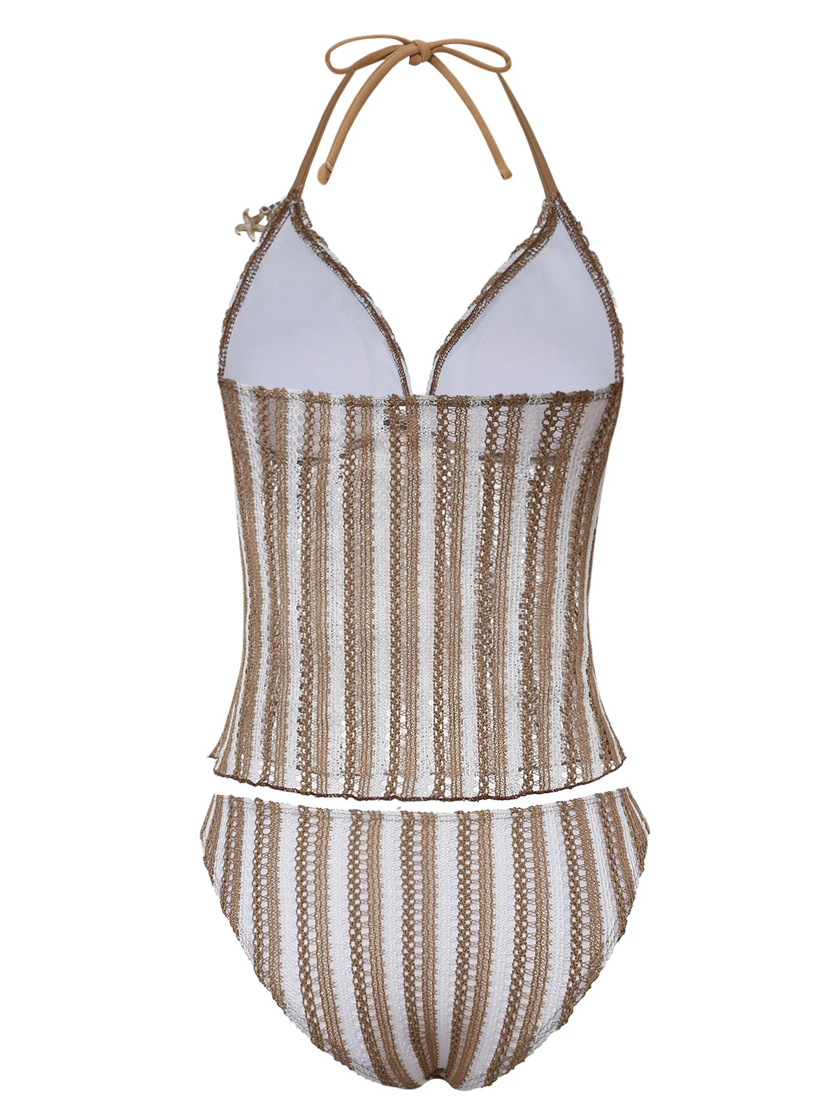 Ensemble tankini kaki rayé et crocheté coquillages et étoiles mer relief années 1950 - Image 3