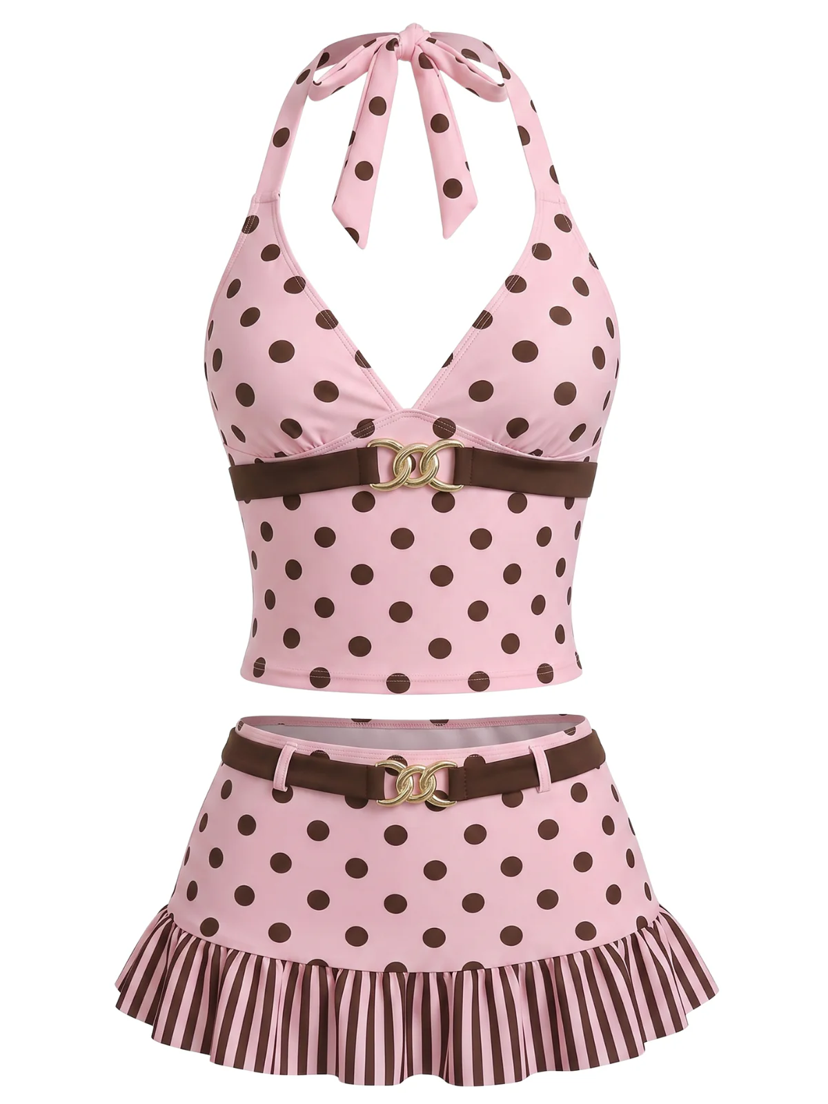Ensemble tankini marron foncé à pois années 1950 - Image 3