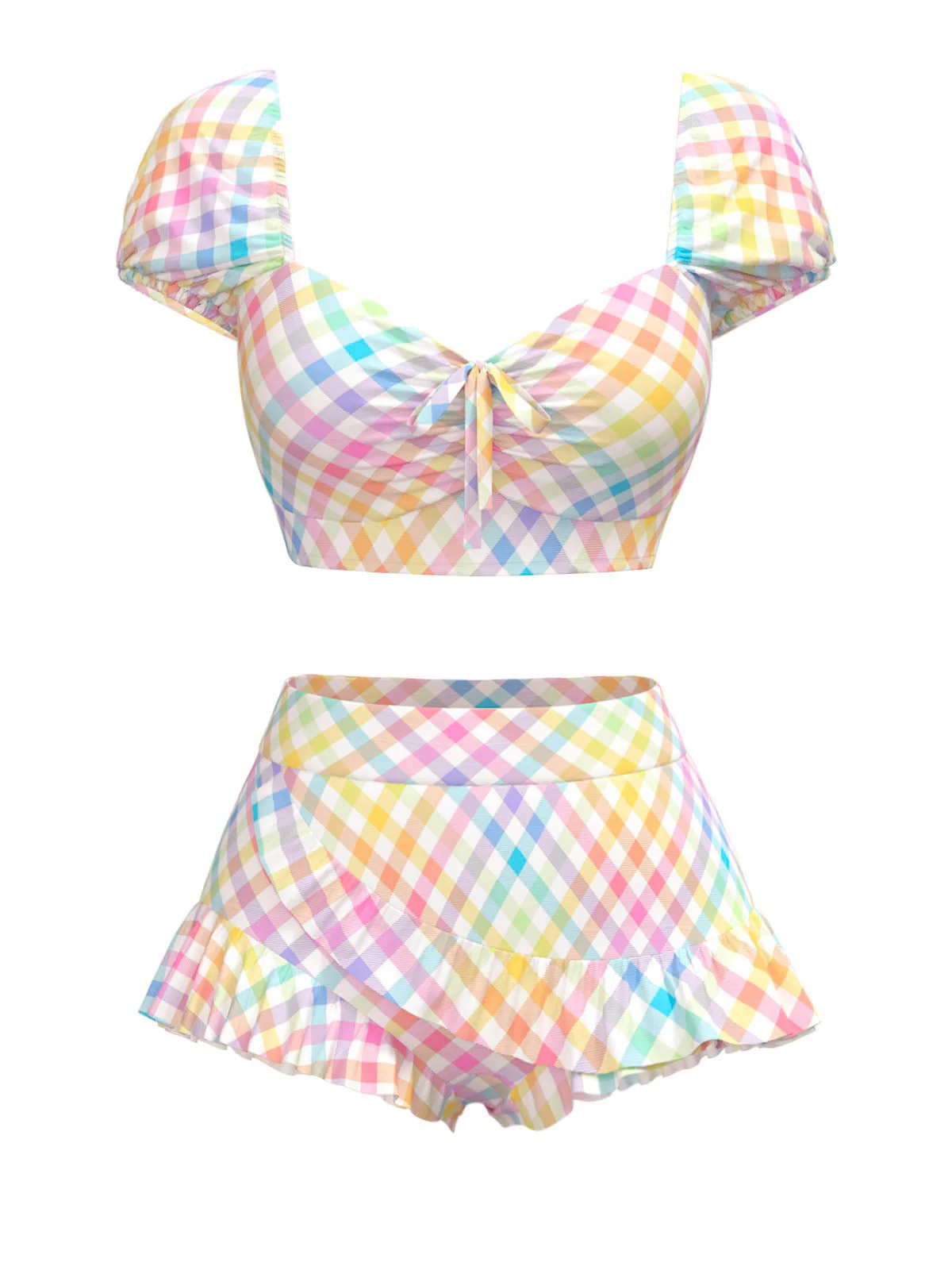 Ensemble tankini multicolore à carreaux vichy bouffants années 1970