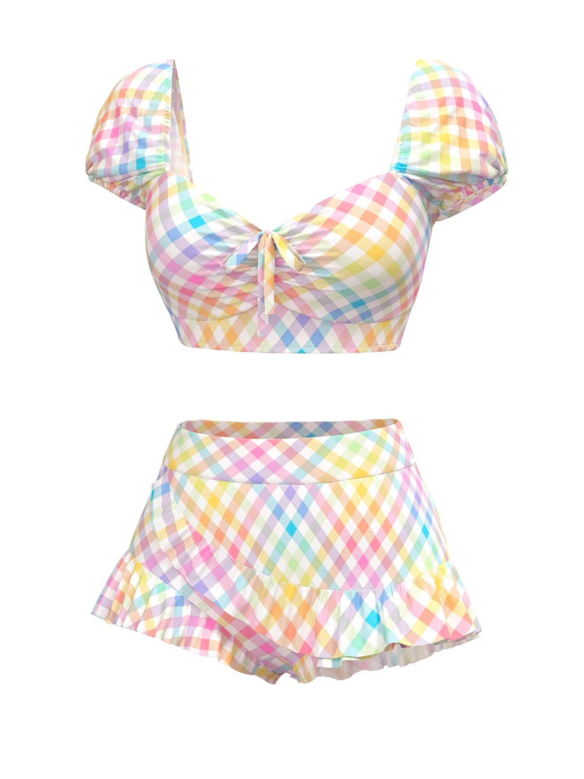 Ensemble tankini multicolore à carreaux vichy bouffants années 1970 - Image 5