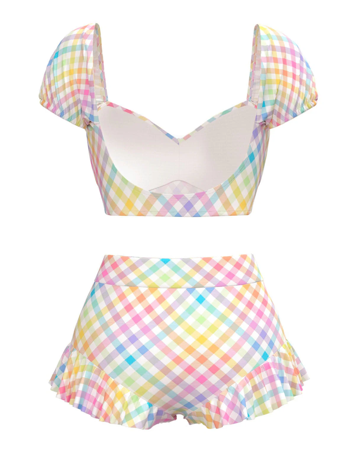 Ensemble tankini multicolore à carreaux vichy bouffants années 1970 - Image 6