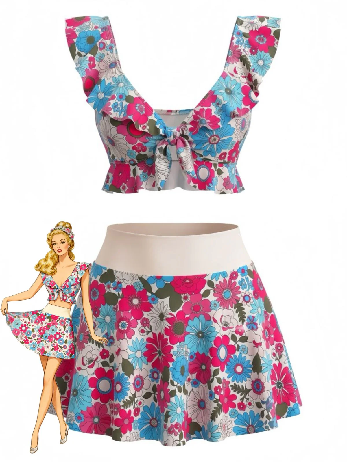 Ensemble tankini multicolore motif floral volants et décolleté cœur années 1940
