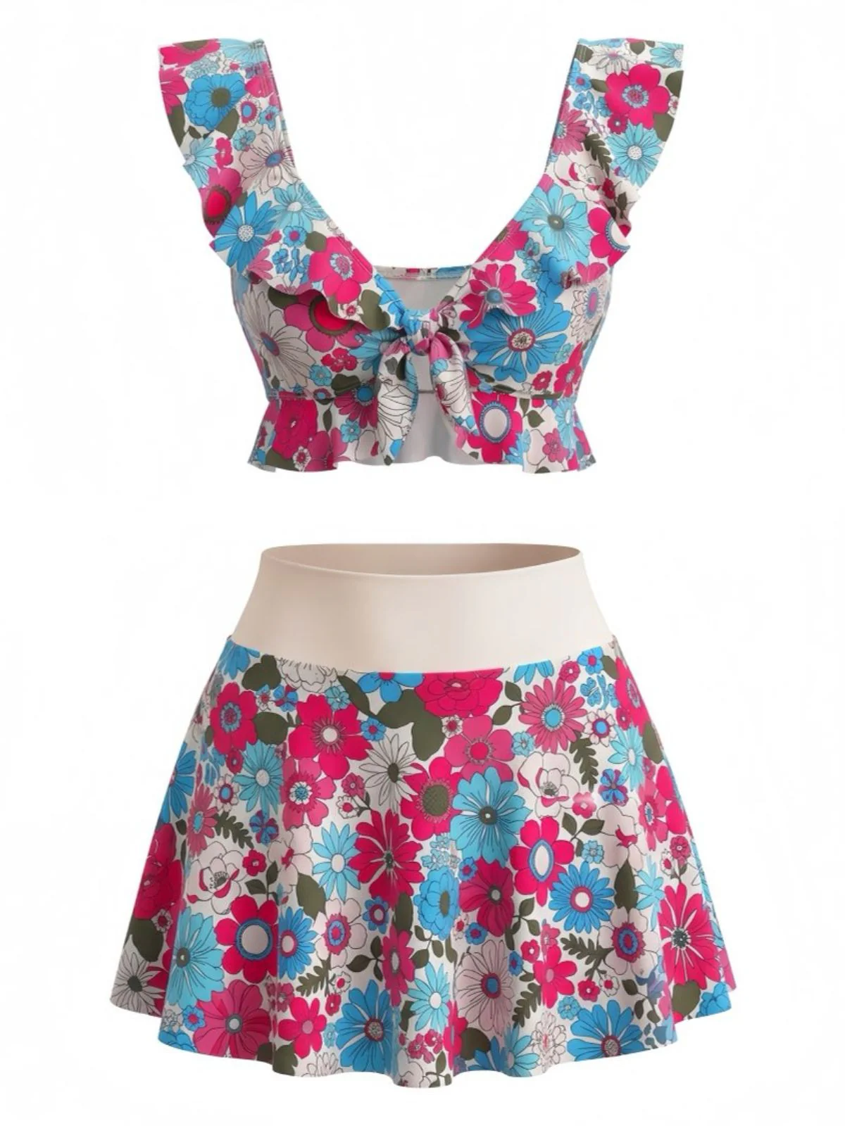 Ensemble tankini multicolore motif floral volants et décolleté cœur années 1940 - Image 2