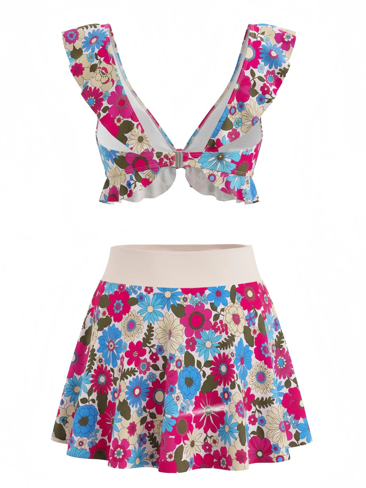 Ensemble tankini multicolore motif floral volants et décolleté cœur années 1940 - Image 3