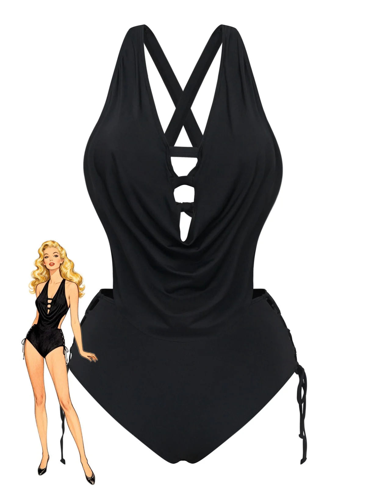Ensemble tankini noir à lacets et découpes croisées 1940s
