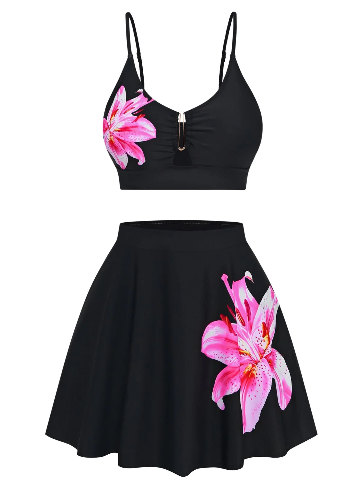 Ensemble tankini noir à motif floral et boucle métallique années 1940 - Image 2