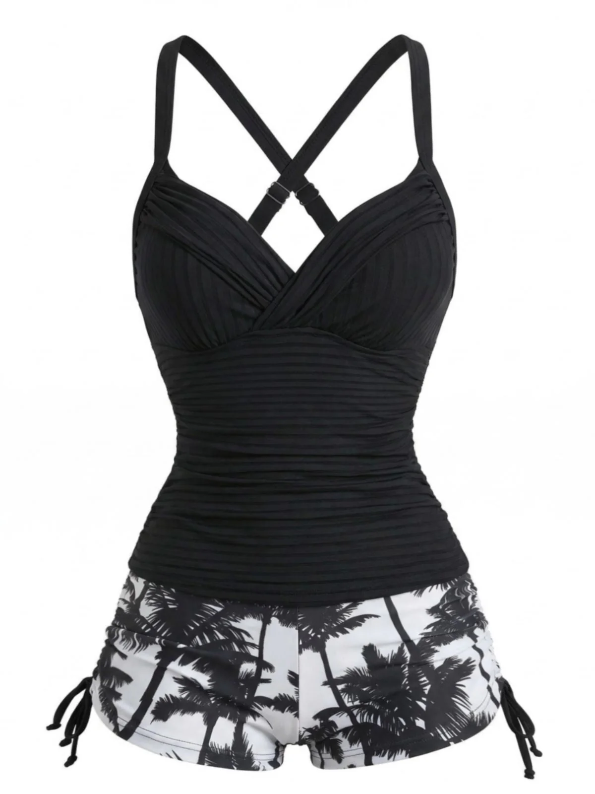Ensemble tankini noir motif palmiers cordons serrage et fronces années 50 - Image 2