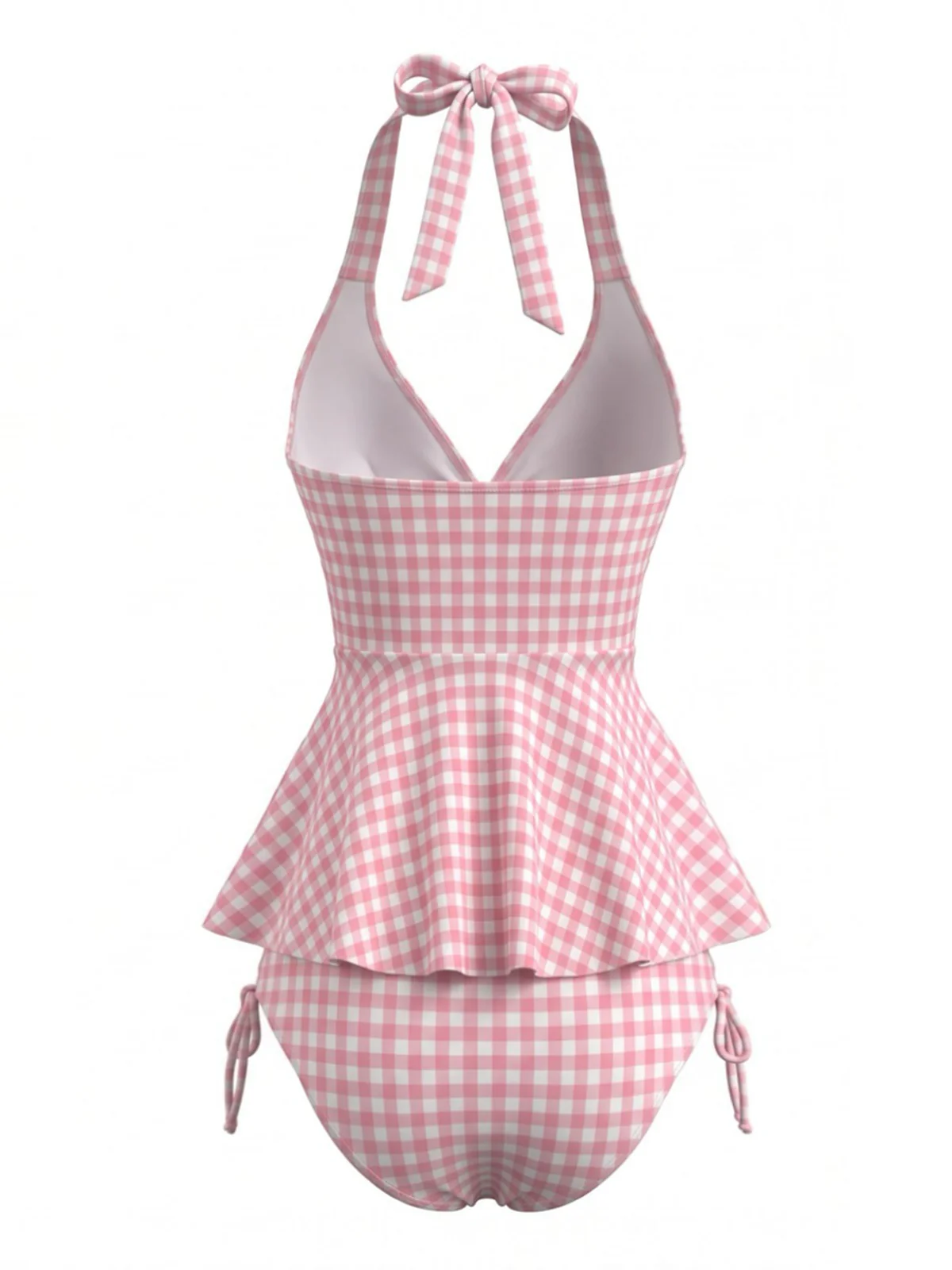 Ensemble tankini rose carreaux Vichy dos nu et volants années 50 - Image 2
