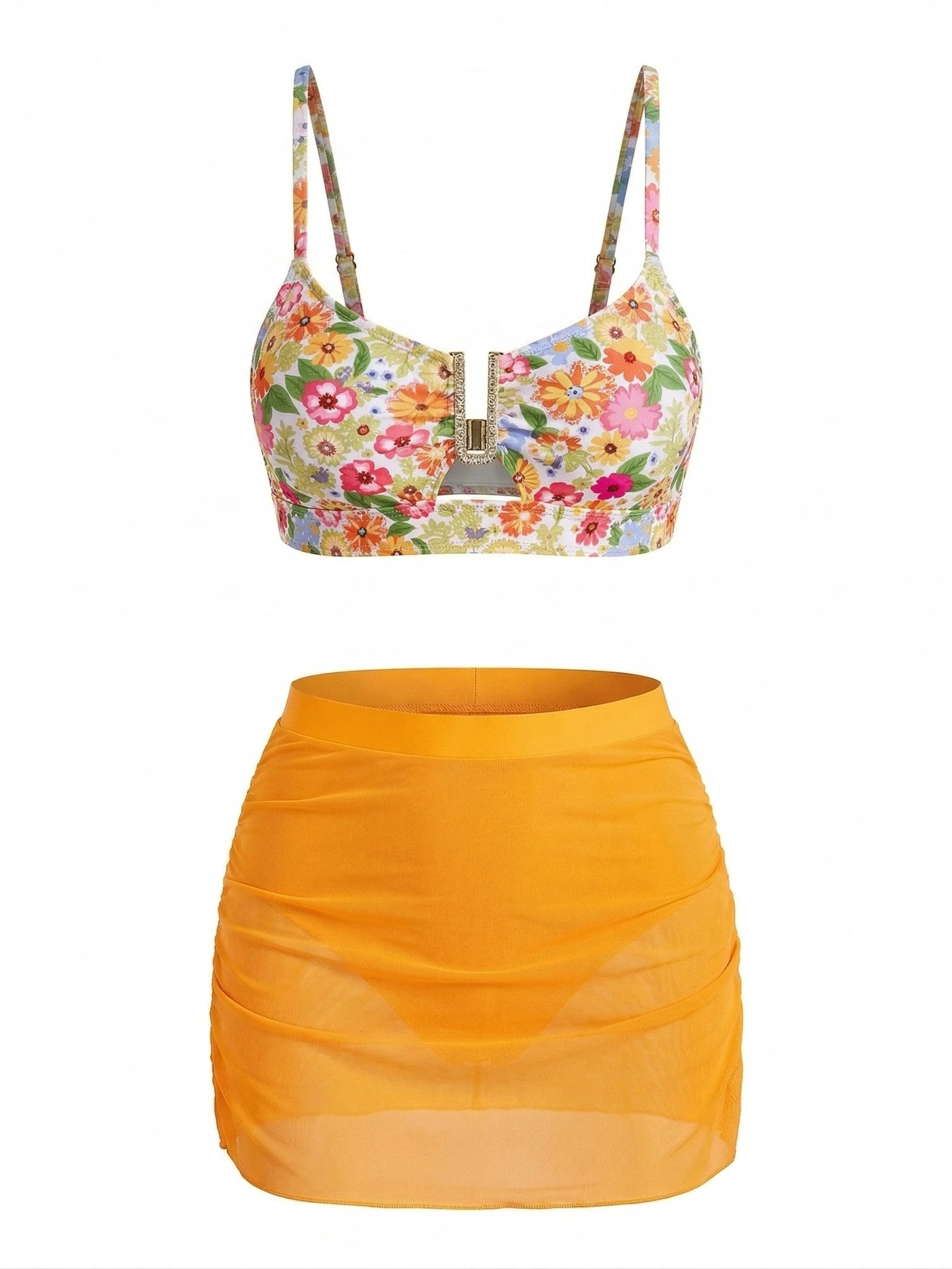 Ensemble tankini taille haute motif floral et boucle en métal forme U années 60 - Image 2