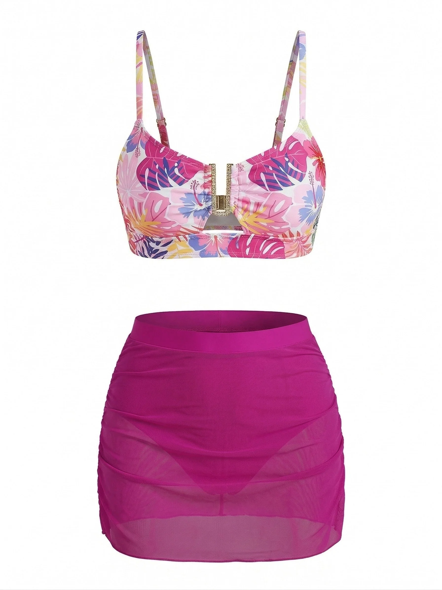 Ensemble tankini taille haute motif floral et boucle en métal forme U années 60 - Image 4